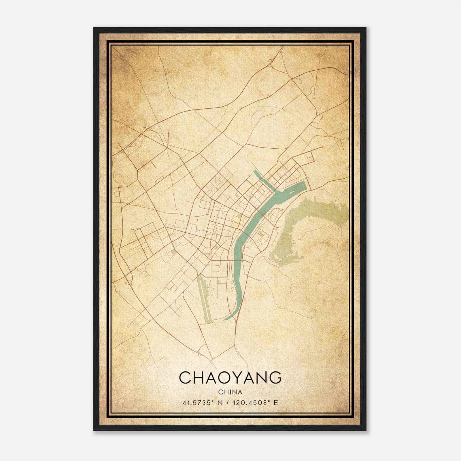 Vintage Chaoyang China Map Poster, Chaoyang City Road Wall Art Print