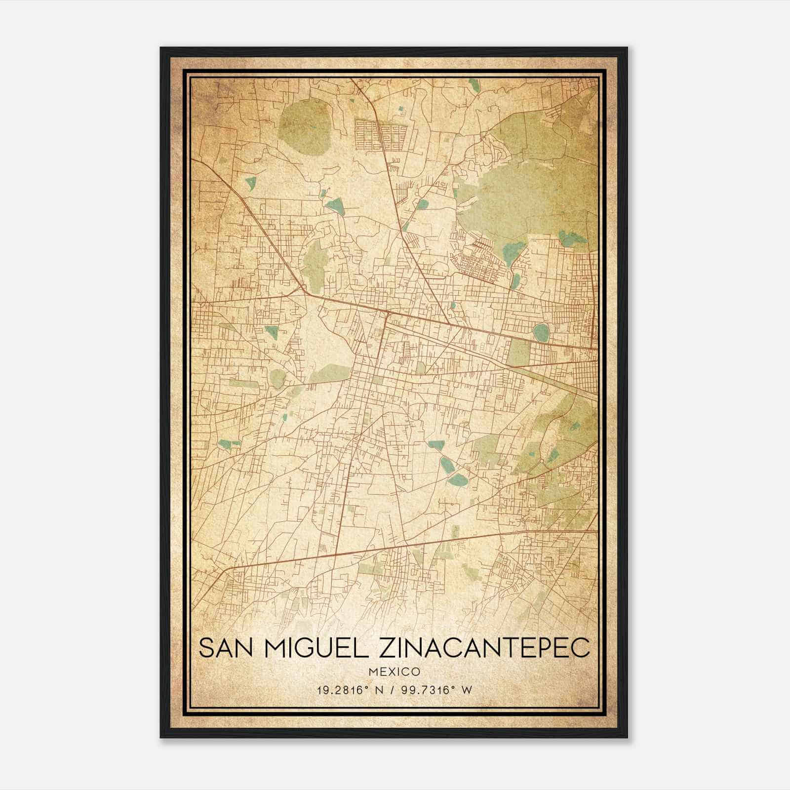 Vintage San Miguel Zinacantepec Mexico Map Poster, San Miguel Zinacantepec City Road Wall Art Print