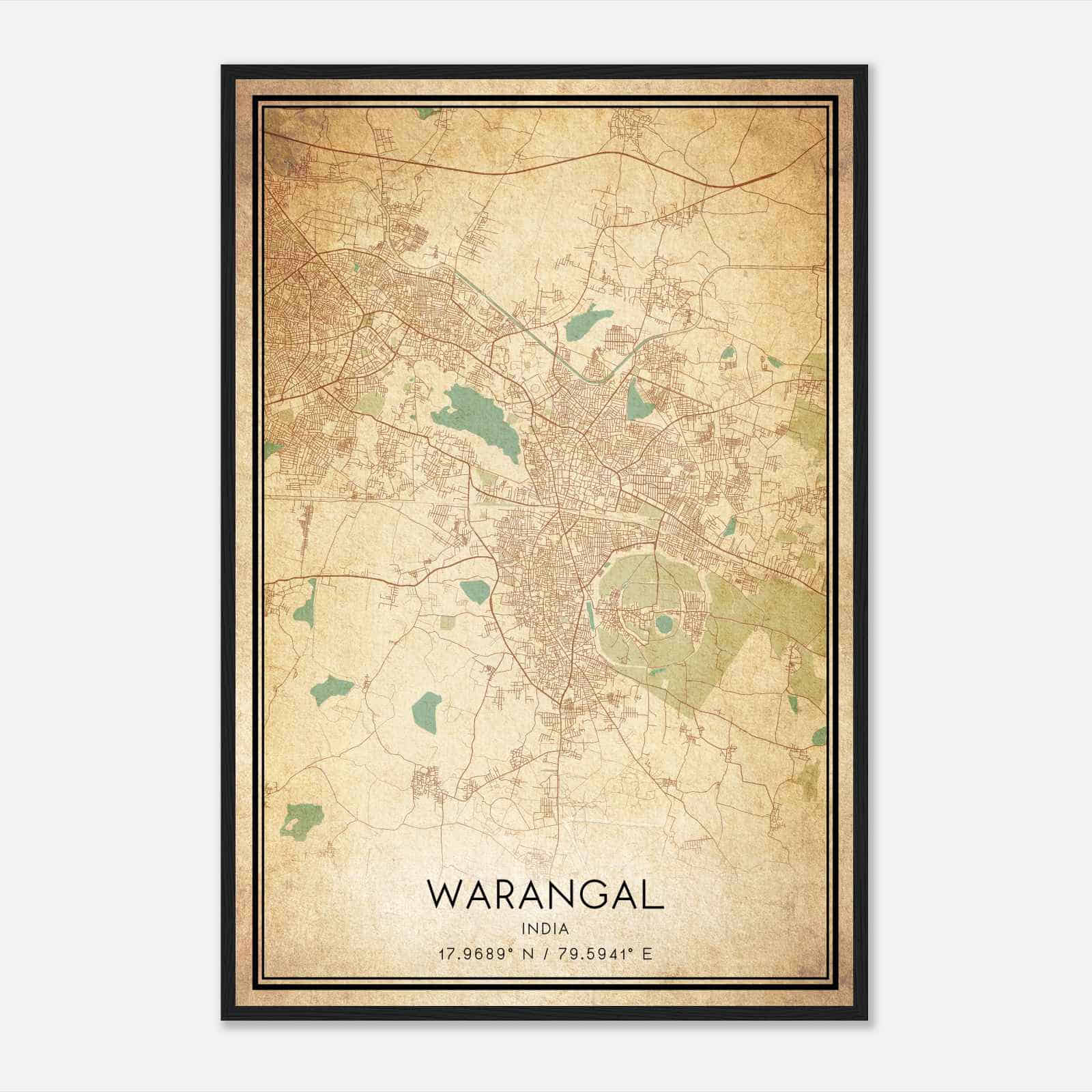 Vintage Warangal India Map Poster, Warangal City Road Wall Art Print