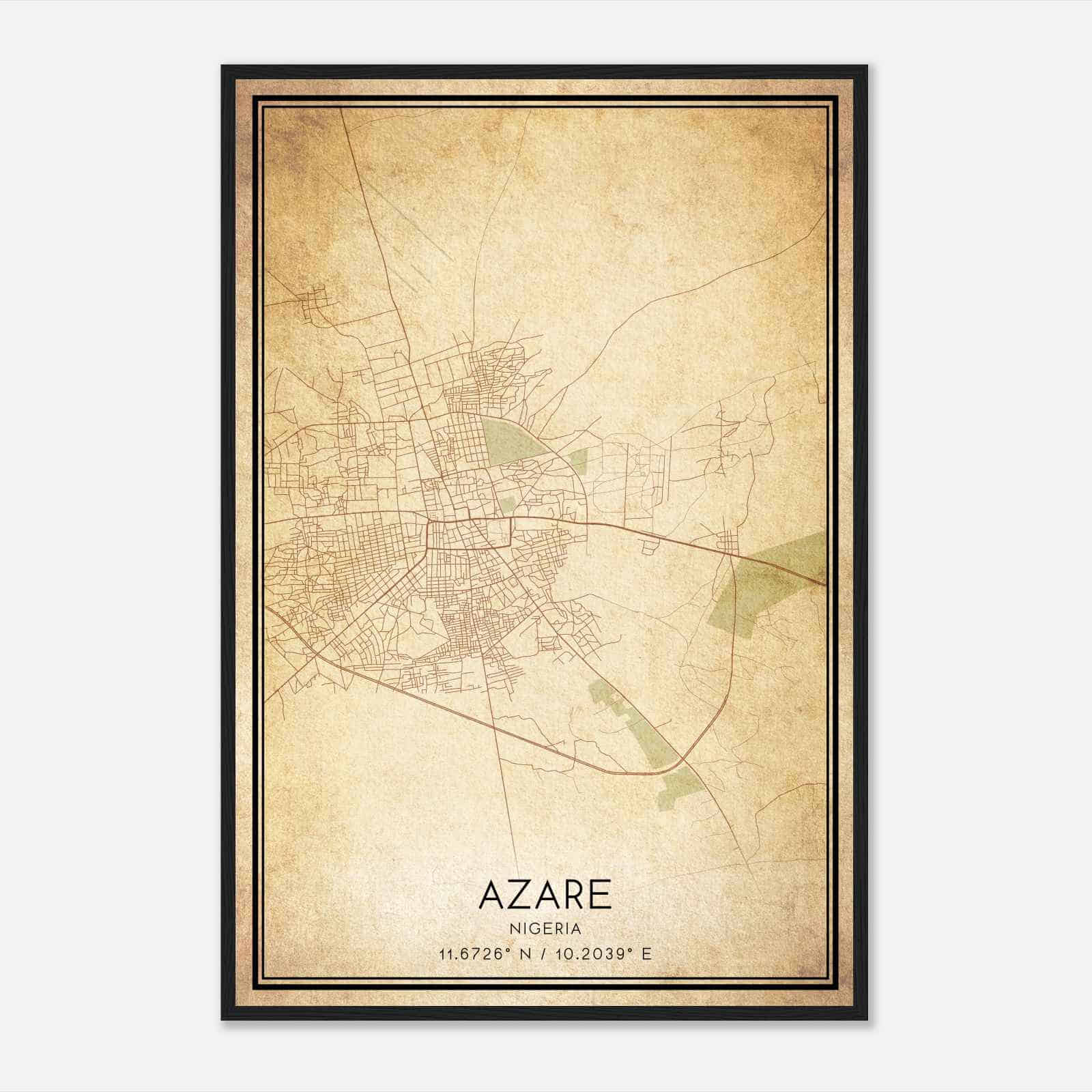 Vintage Azare Nigeria Map Poster, Azare City Road Wall Art Print