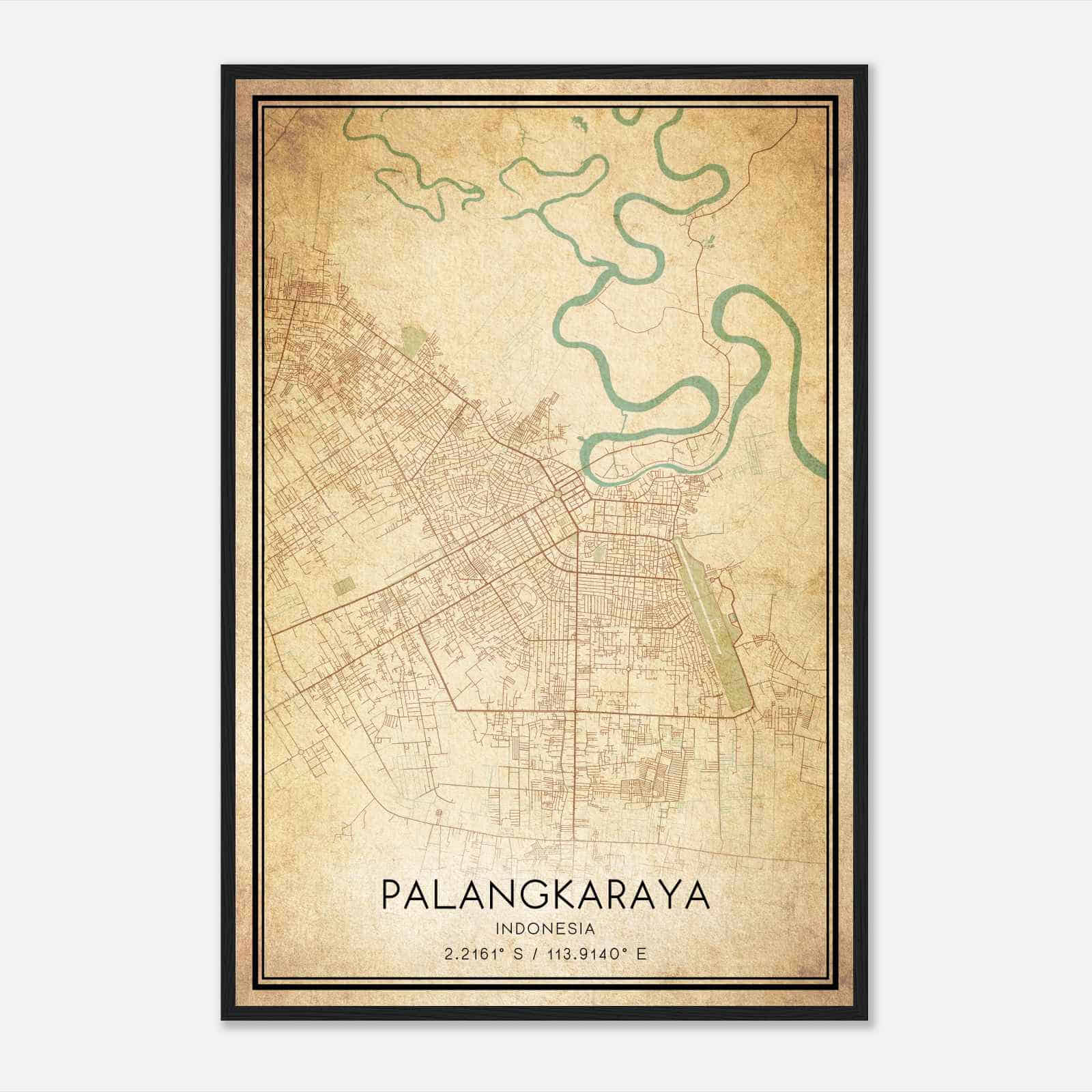 Vintage Palangkaraya Indonesia Map Poster, Palangkaraya City Road Wall Art Print