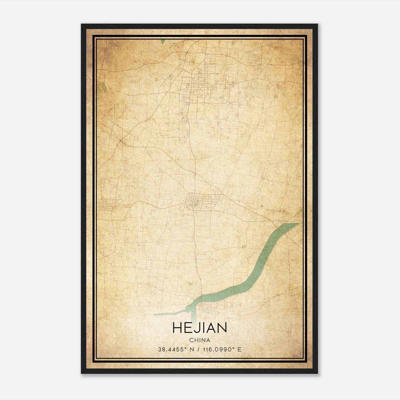 Vintage Hejian China Map Poster, Hejian City Road Wall Art Print