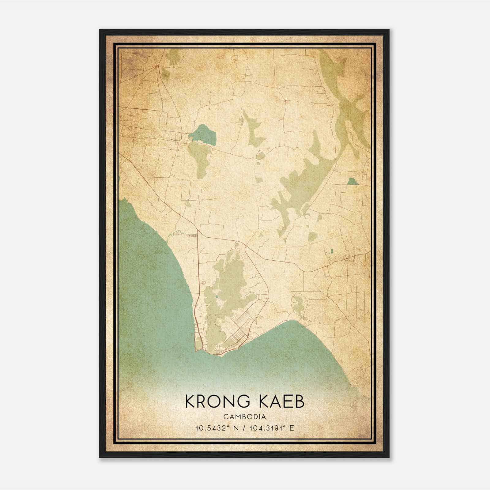 Vintage Krong Kaeb Cambodia Map Poster, Krong Kaeb City Road Wall Art Print