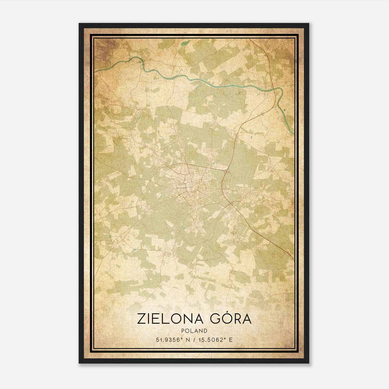 Vintage Zielona Gora Poland Map Poster, Zielona Gora City Road Wall Art Print