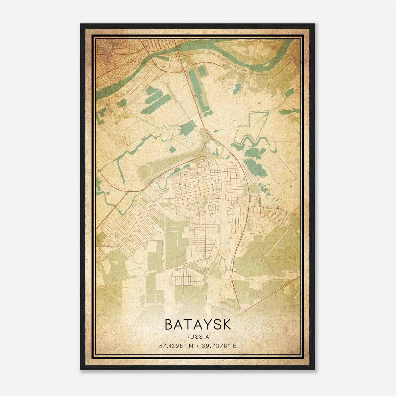 Vintage Bataysk Russia Map Poster, Bataysk City Road Wall Art Print