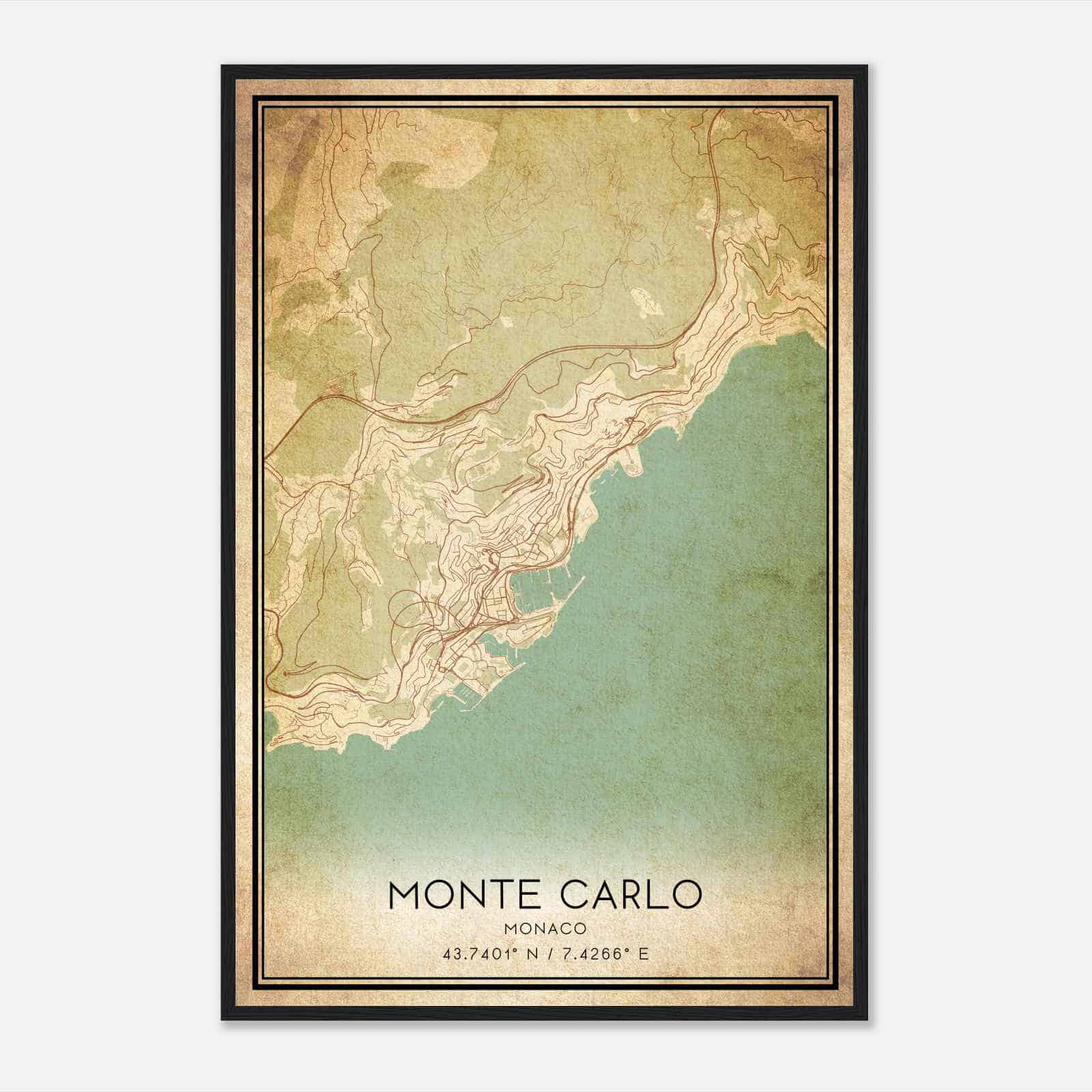 Vintage Monte Carlo Monaco Map Poster, Monte Carlo City Road Wall Art Print