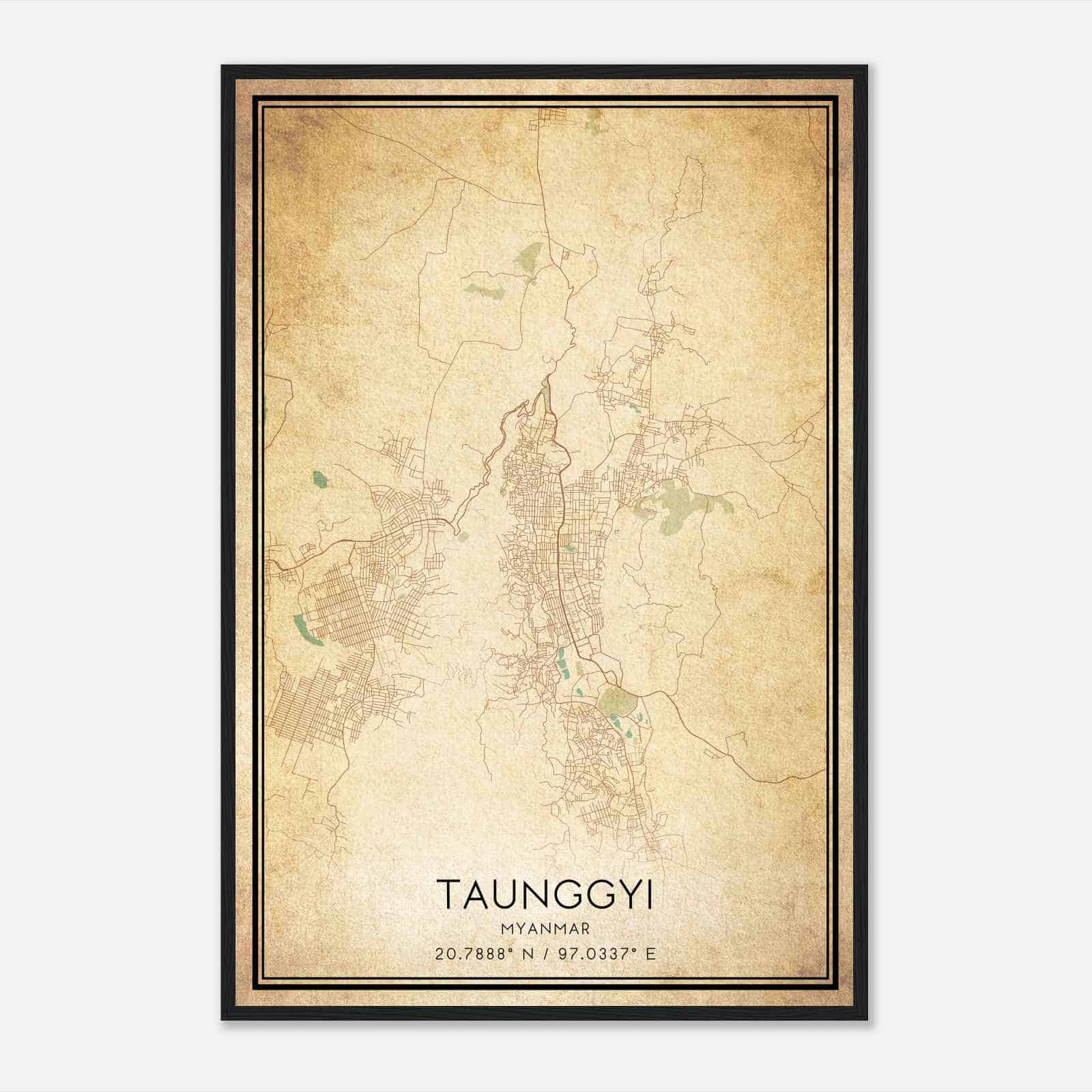 Vintage Taunggyi Myanmar Map Poster, Taunggyi City Road Wall Art Print