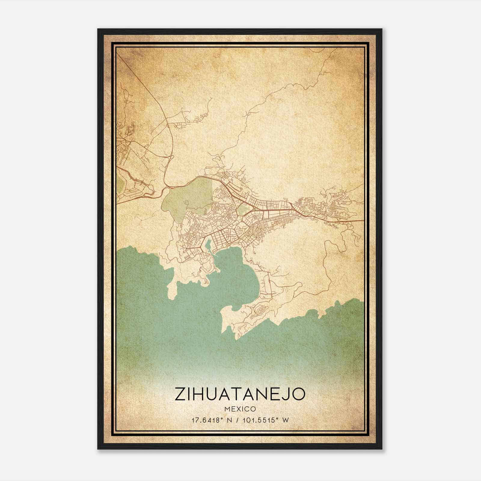 Vintage Zihuatanejo Mexico Map Poster, Zihuatanejo City Road Wall Art Print