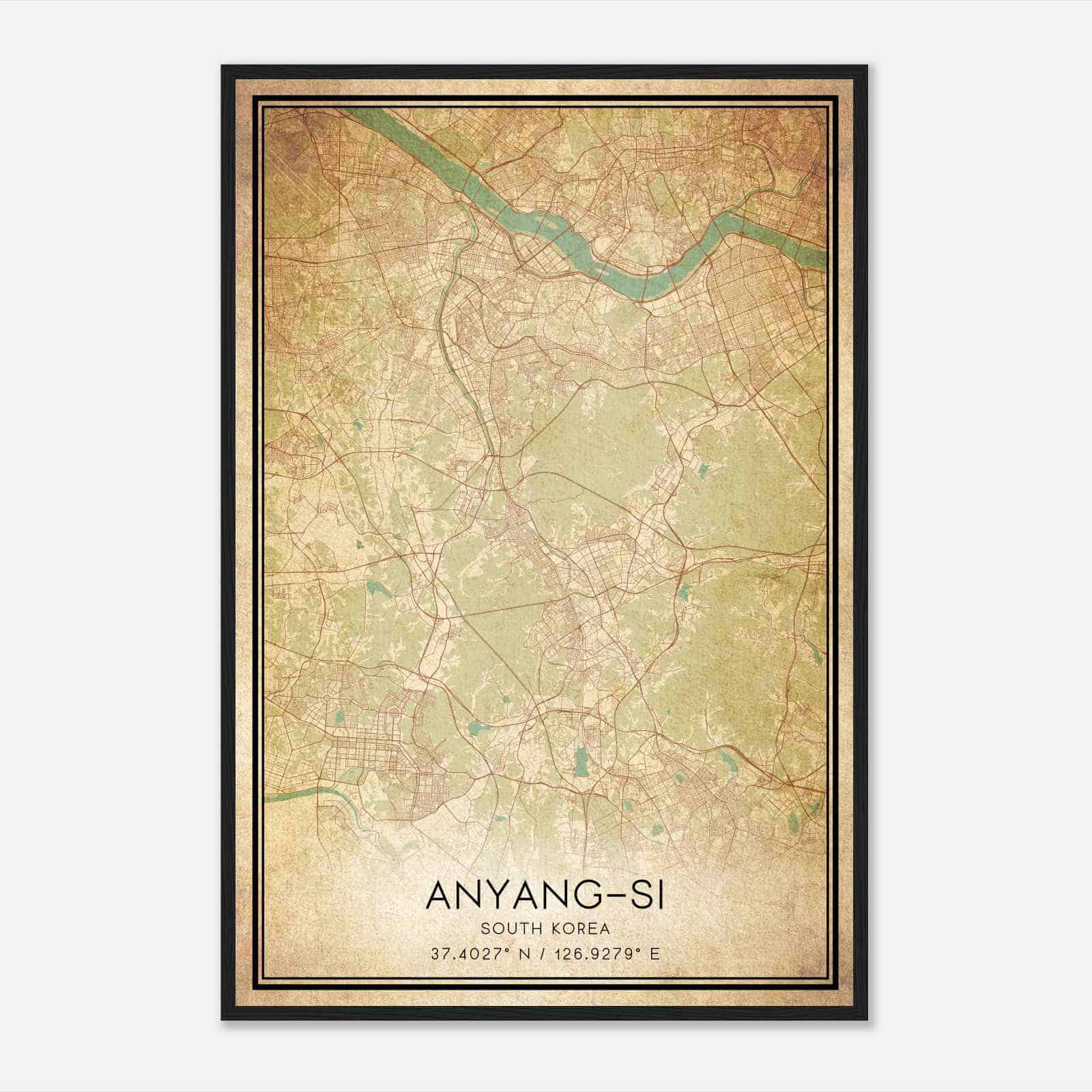 Vintage Anyangsi South Korea Map Poster, Anyangsi City Road Wall Art Print