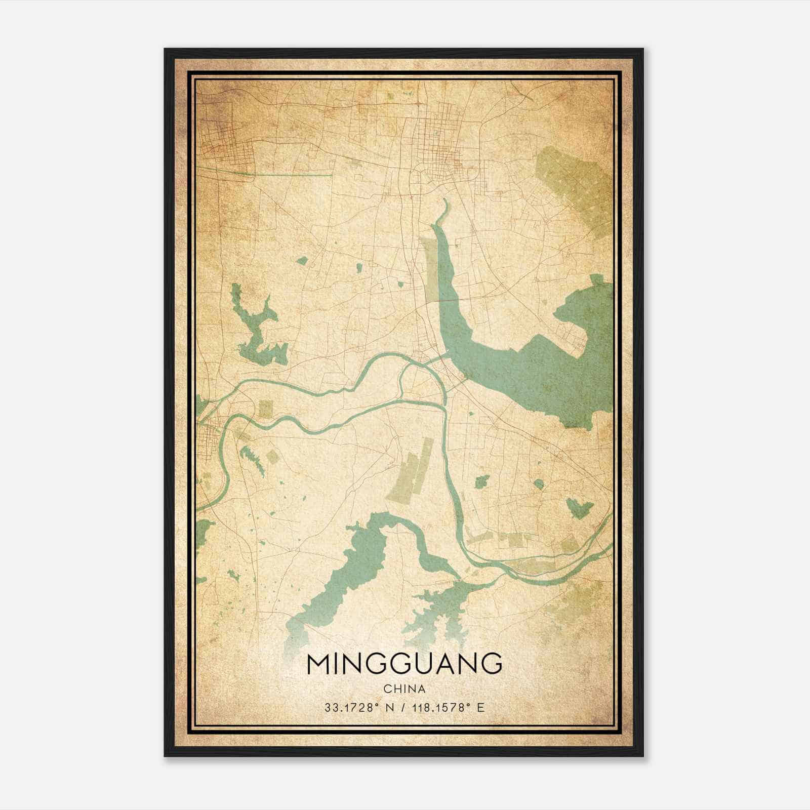 Vintage Mingguang China Map Poster, Mingguang City Road Wall Art Print