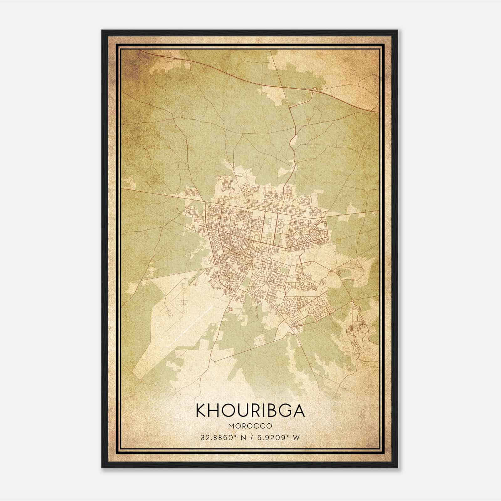 Vintage Khouribga Morocco Map Poster, Khouribga City Road Wall Art Print