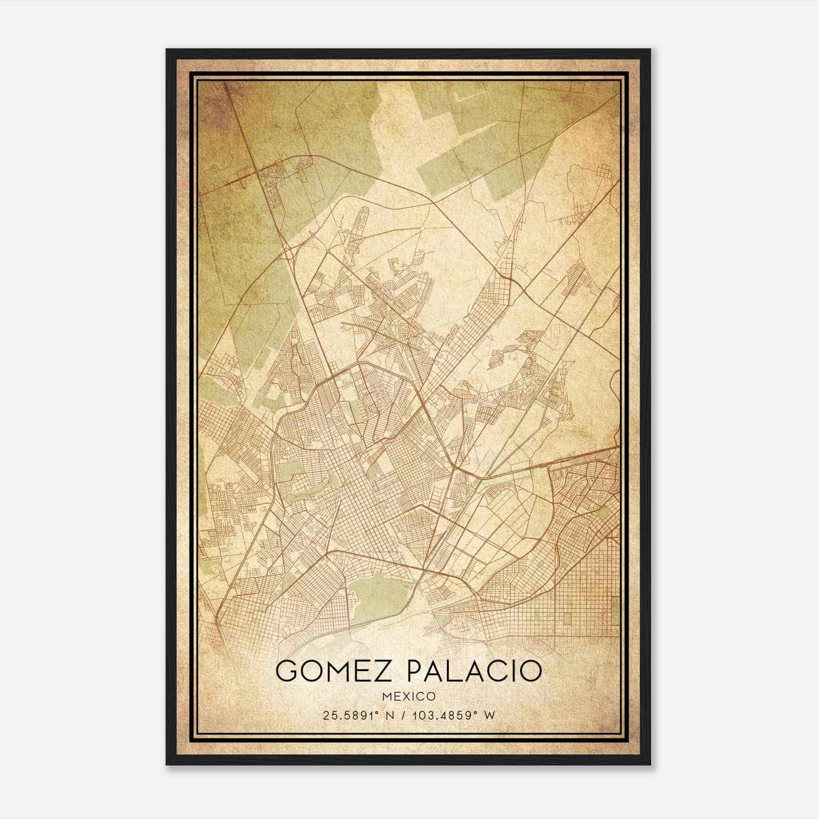 Vintage Gomez Palacio Mexico Map Poster, Gomez Palacio City Road Wall Art Print