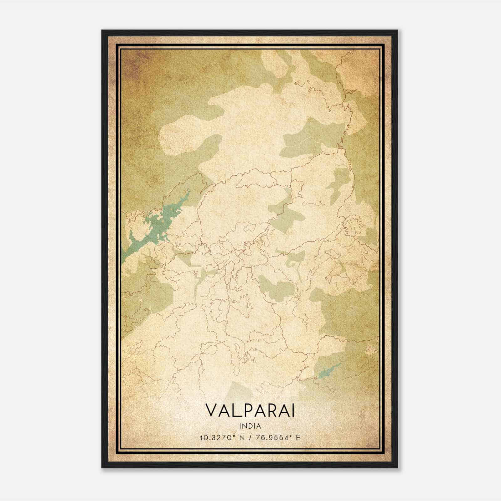 Vintage Valparai India Map Poster, Valparai City Road Wall Art Print