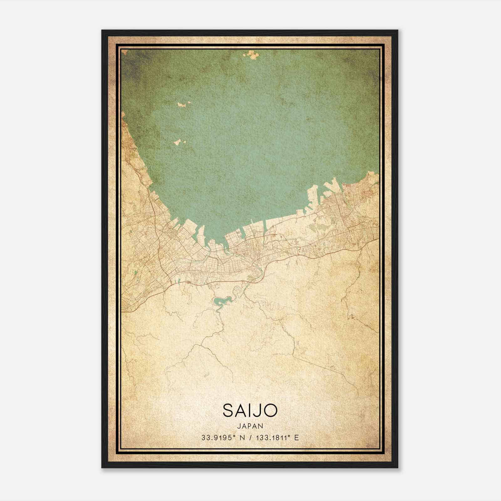 Vintage Saijo Japan Map Poster, Saijo City Road Wall Art Print