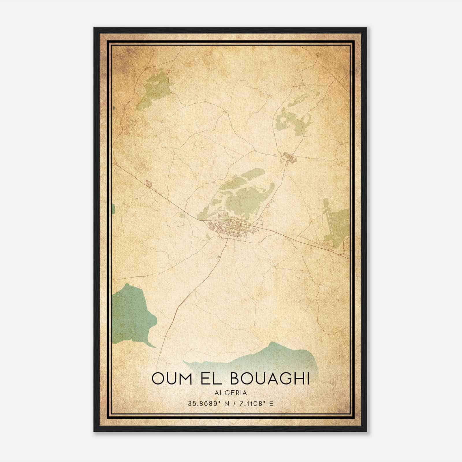 Vintage Oum El Bouaghi Algeria Map Poster, Oum El Bouaghi City Road Wall Art Print