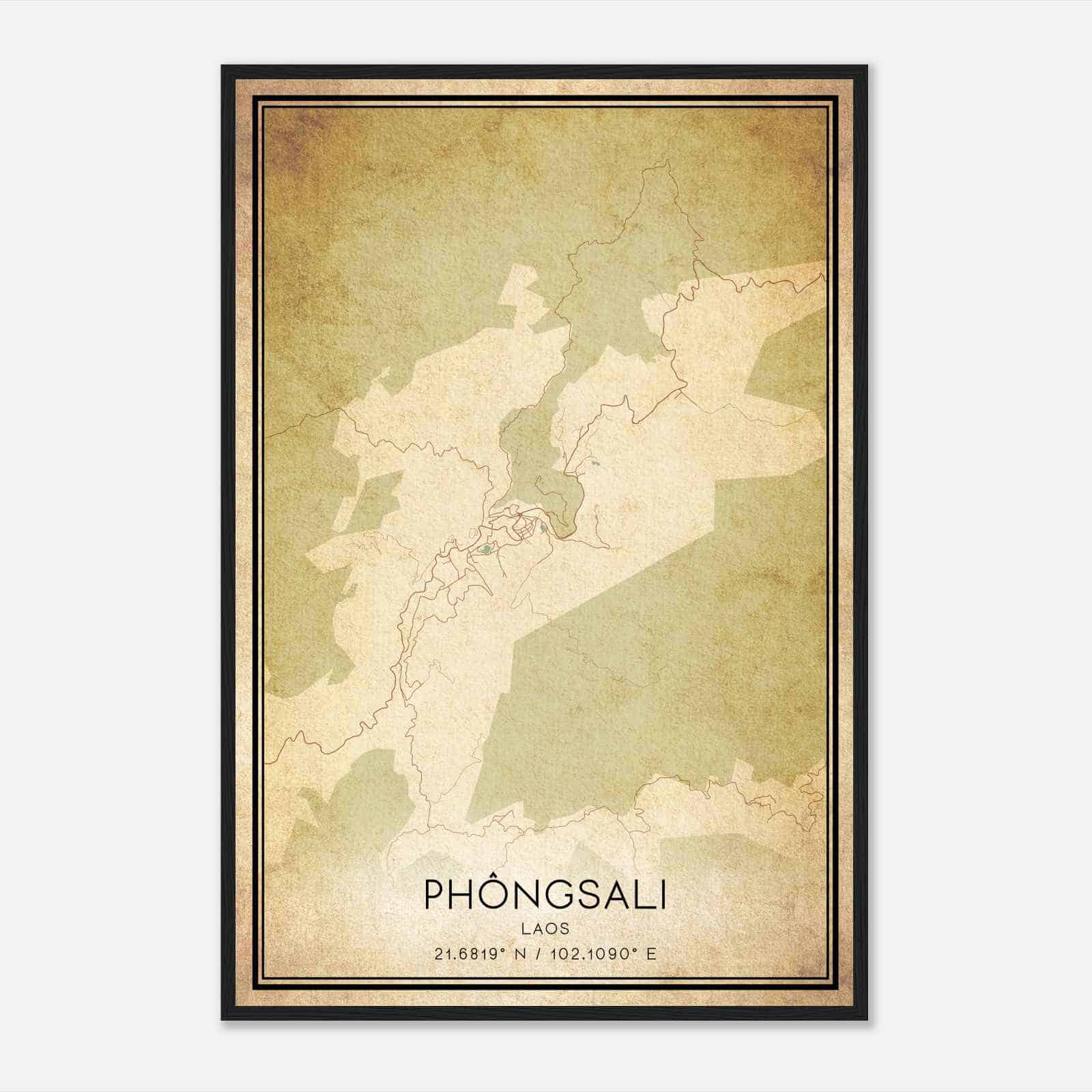 Vintage Phongsali Laos Map Poster, Phongsali City Road Wall Art Print