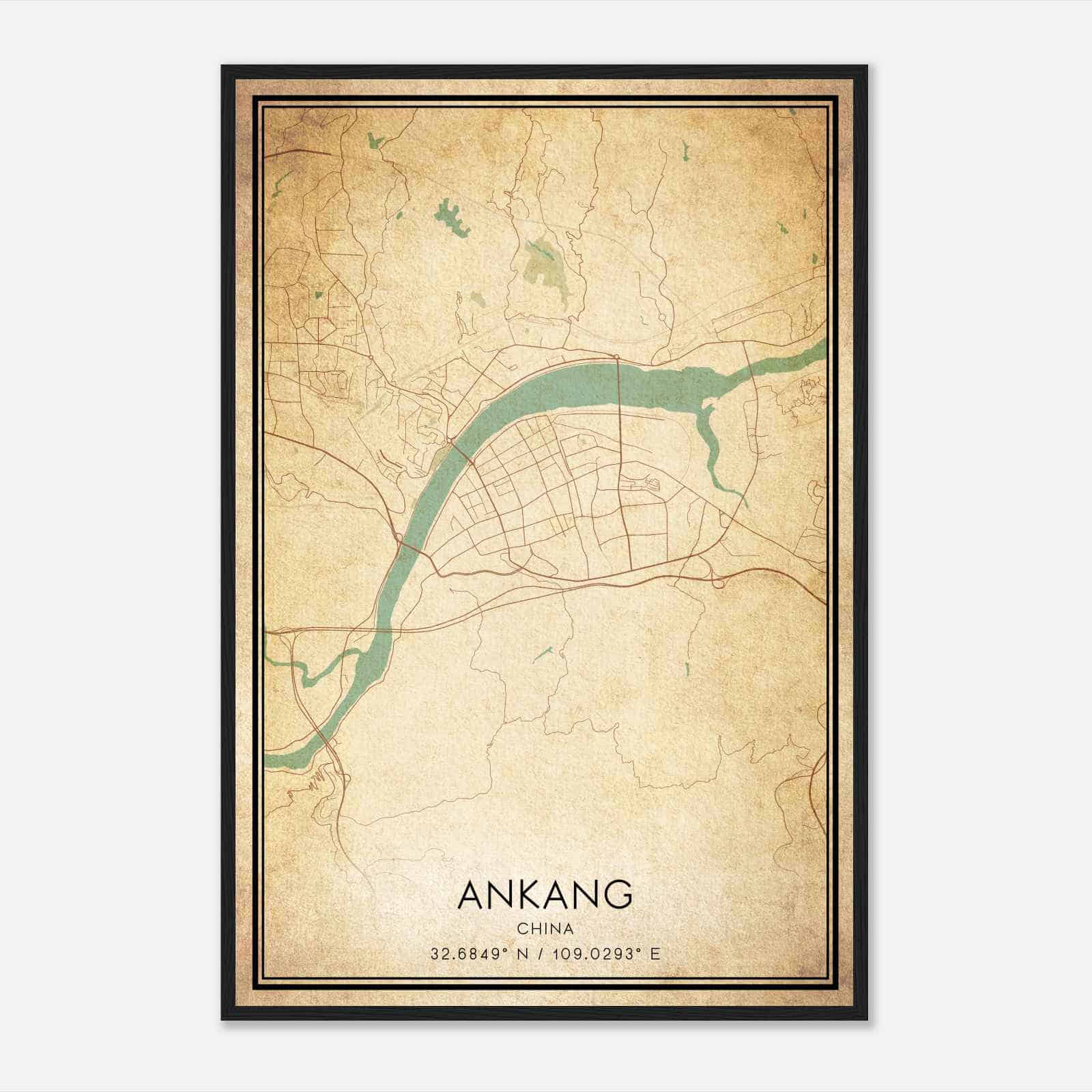 Vintage Ankang China Map Poster, Ankang City Road Wall Art Print
