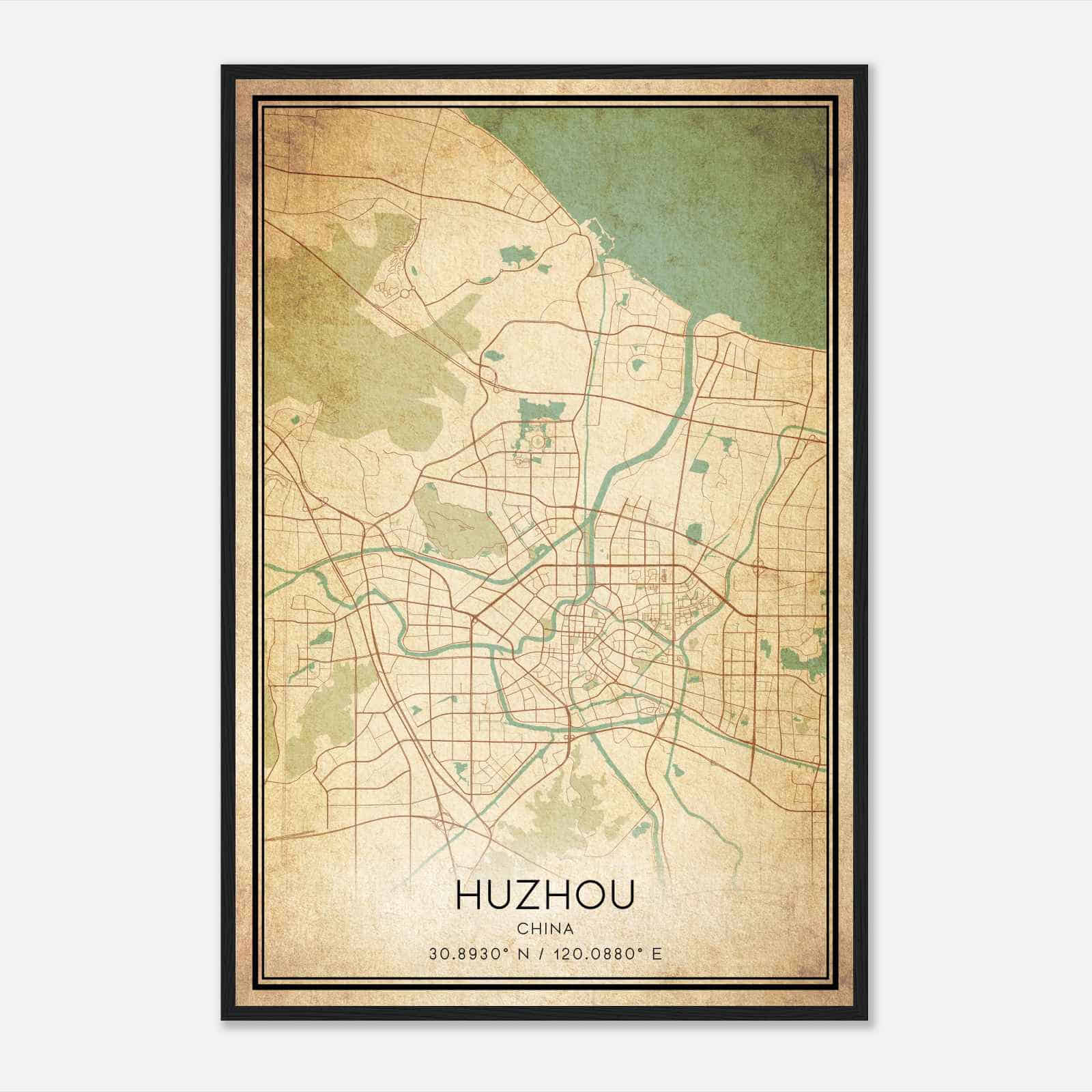 Vintage Huzhou China Map Poster, Huzhou City Road Wall Art Print