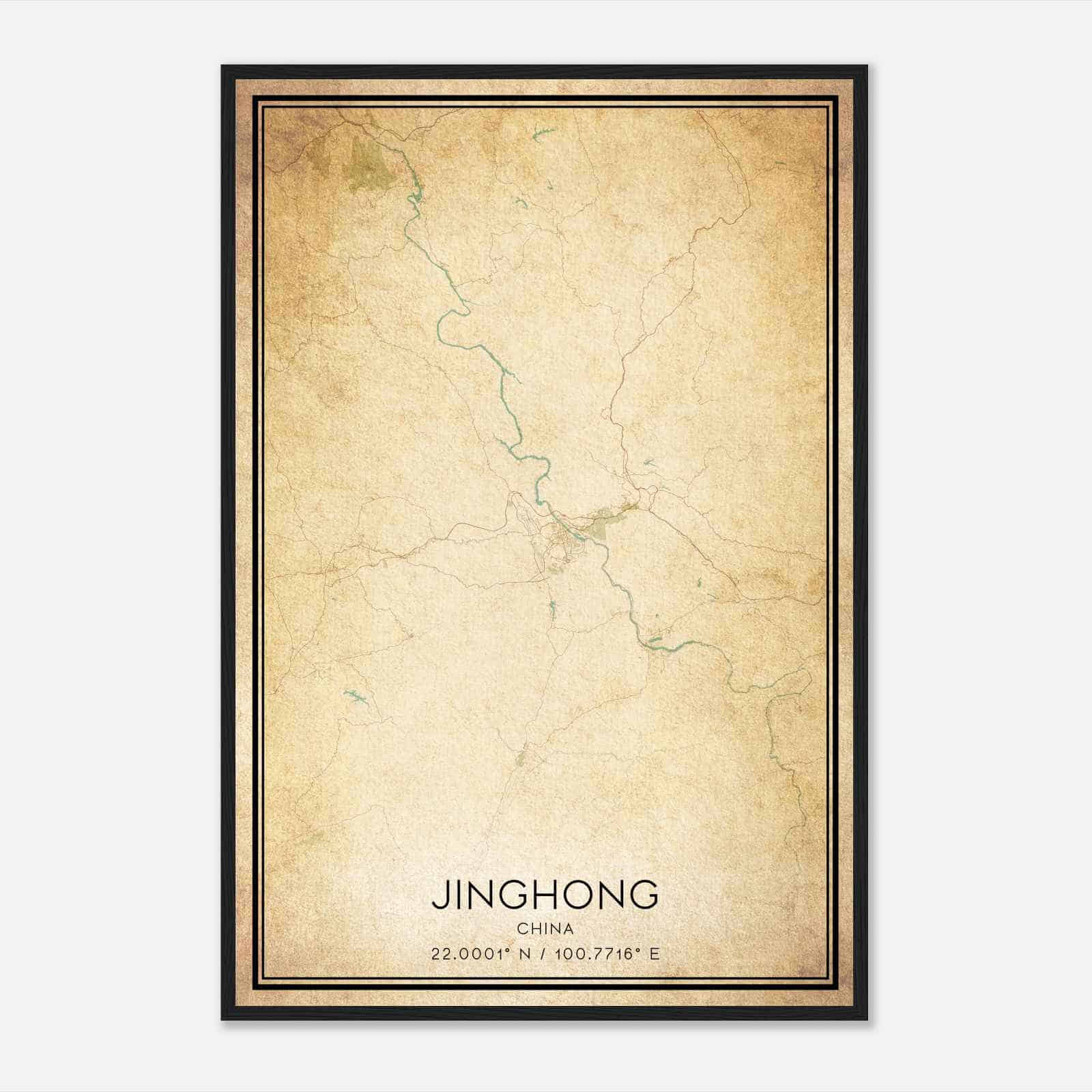 Vintage Jinghong China Map Poster, Jinghong City Road Wall Art Print