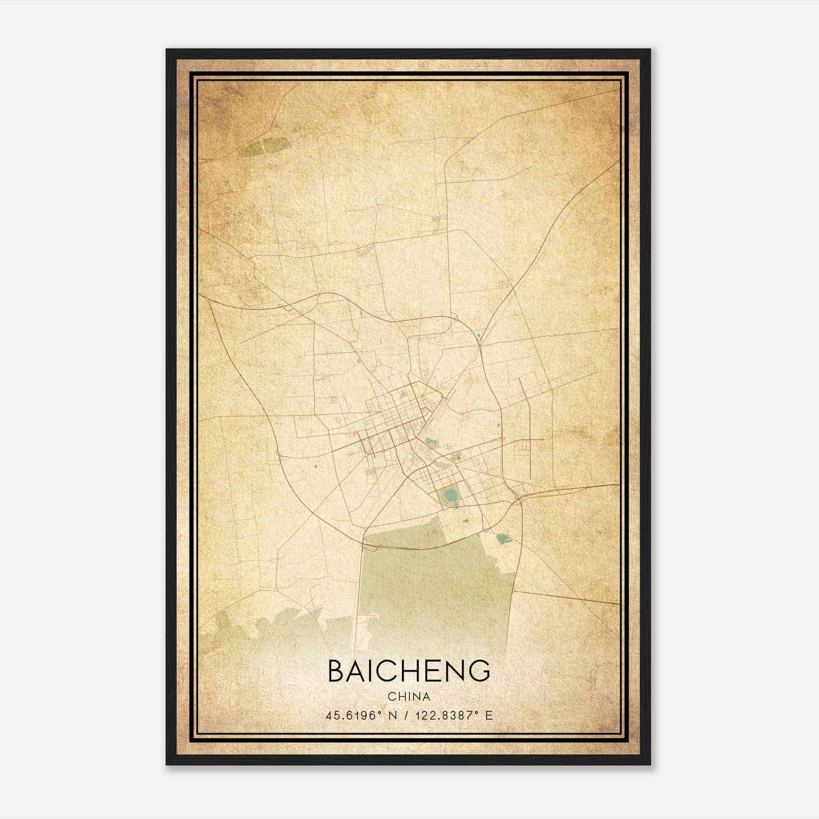 Vintage Baicheng China Map Poster, Baicheng City Road Wall Art Print