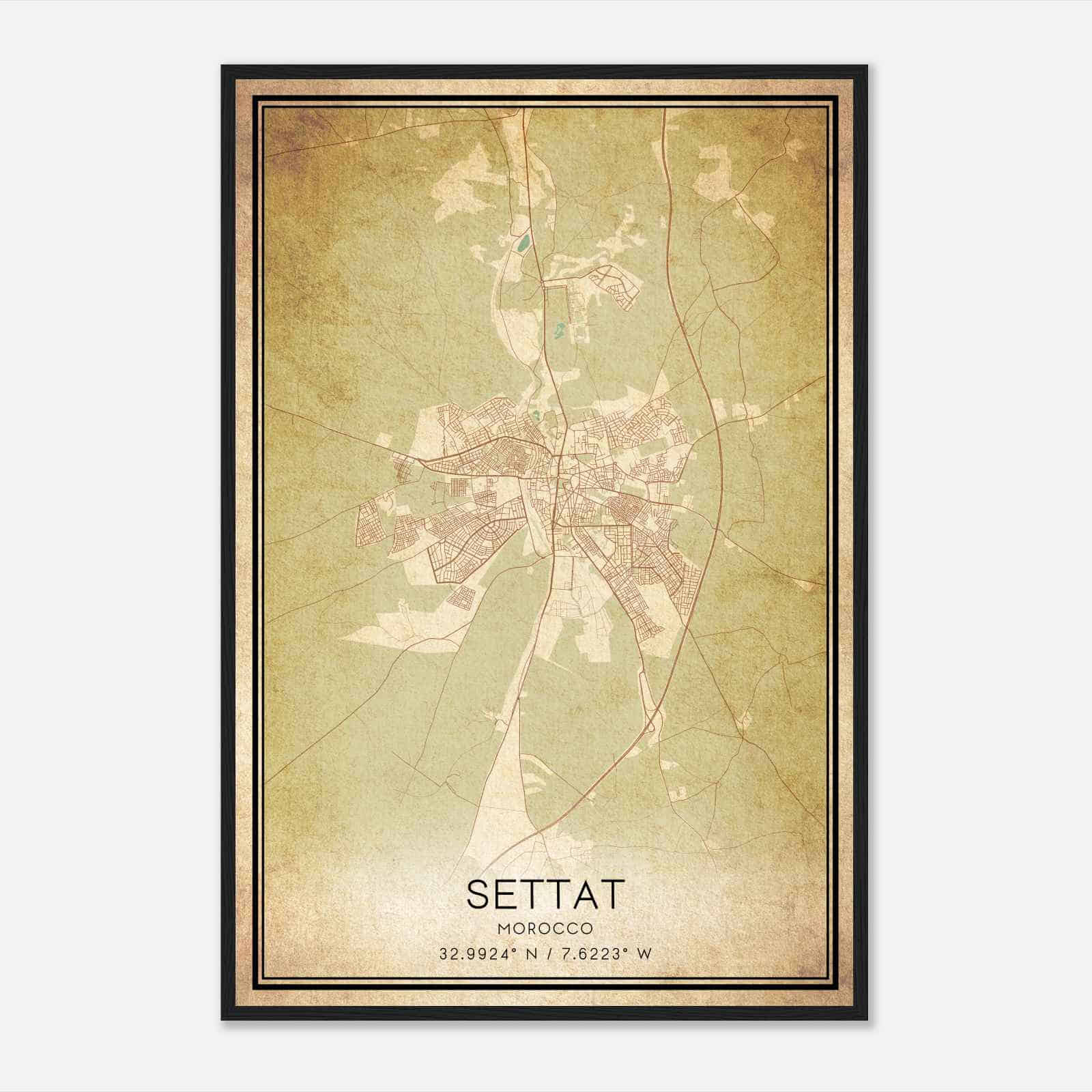 Vintage Settat Morocco Map Poster, Settat City Road Wall Art Print