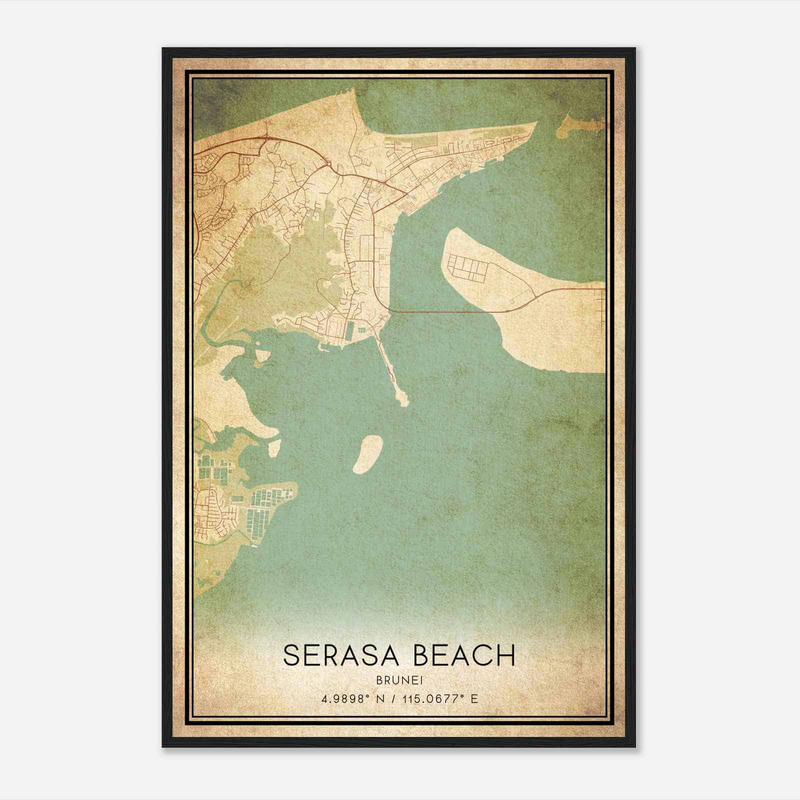 Vintage Serasa Beach Brunei Map Poster, Serasa Beach City Road Wall Art Print