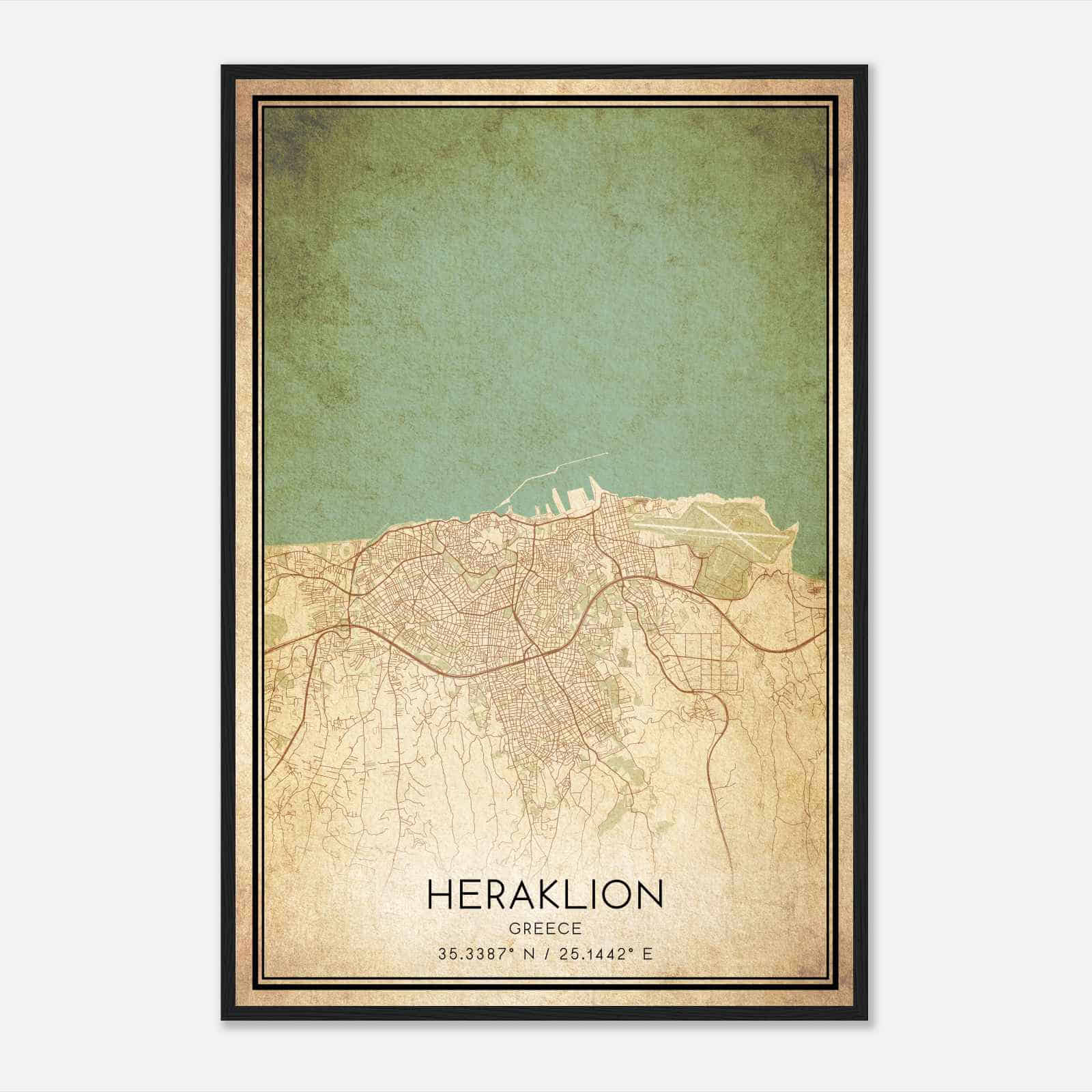 Vintage Heraklion Greece Map Poster, Heraklion City Road Wall Art Print