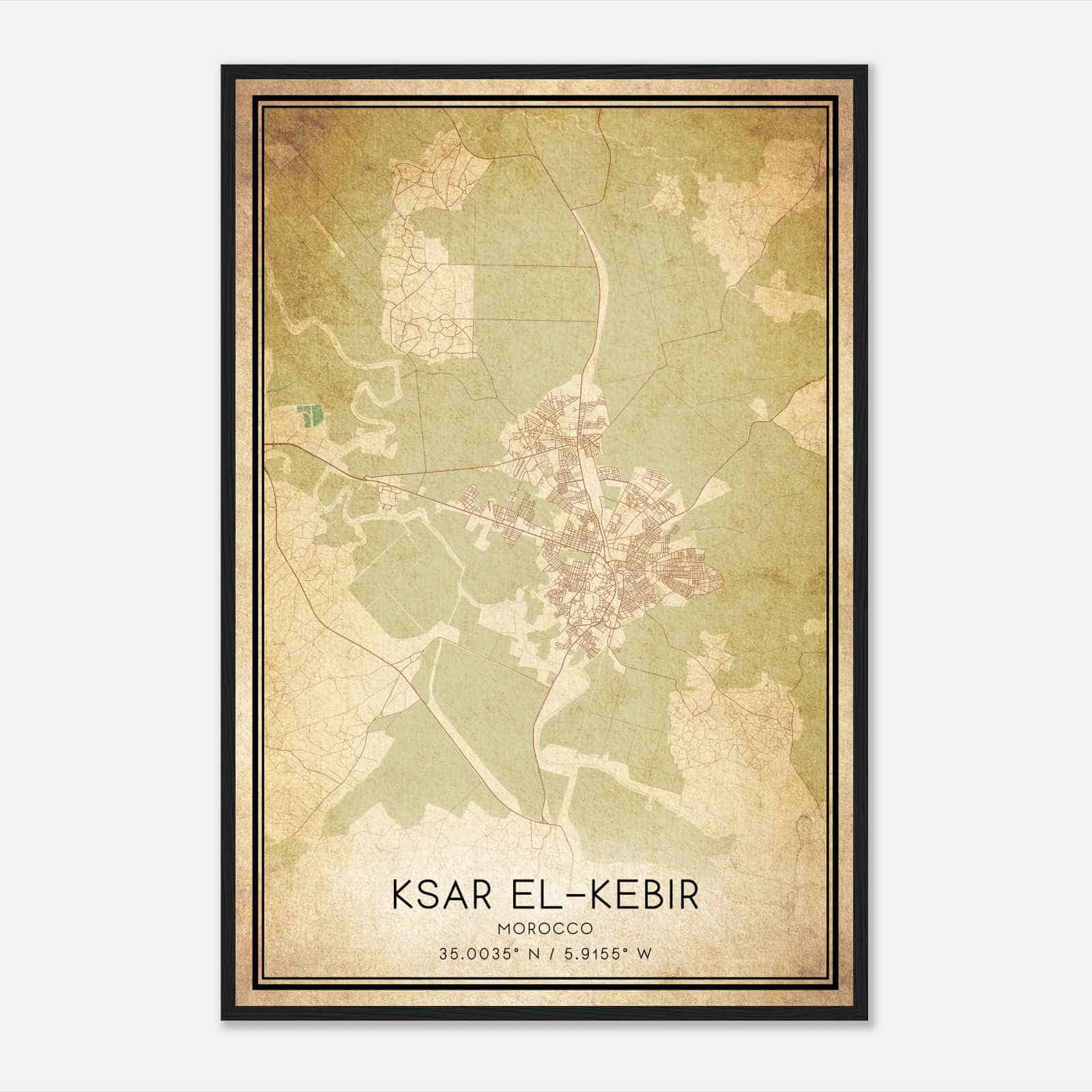 Vintage Ksar elKebir Morocco Map Poster, Ksar elKebir City Road Wall Art Print
