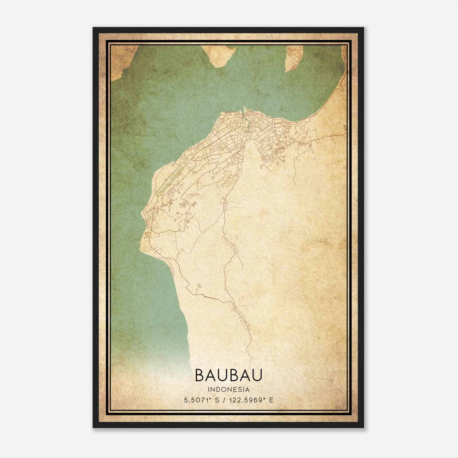 Vintage Baubau Indonesia Map Poster, Baubau City Road Wall Art Print