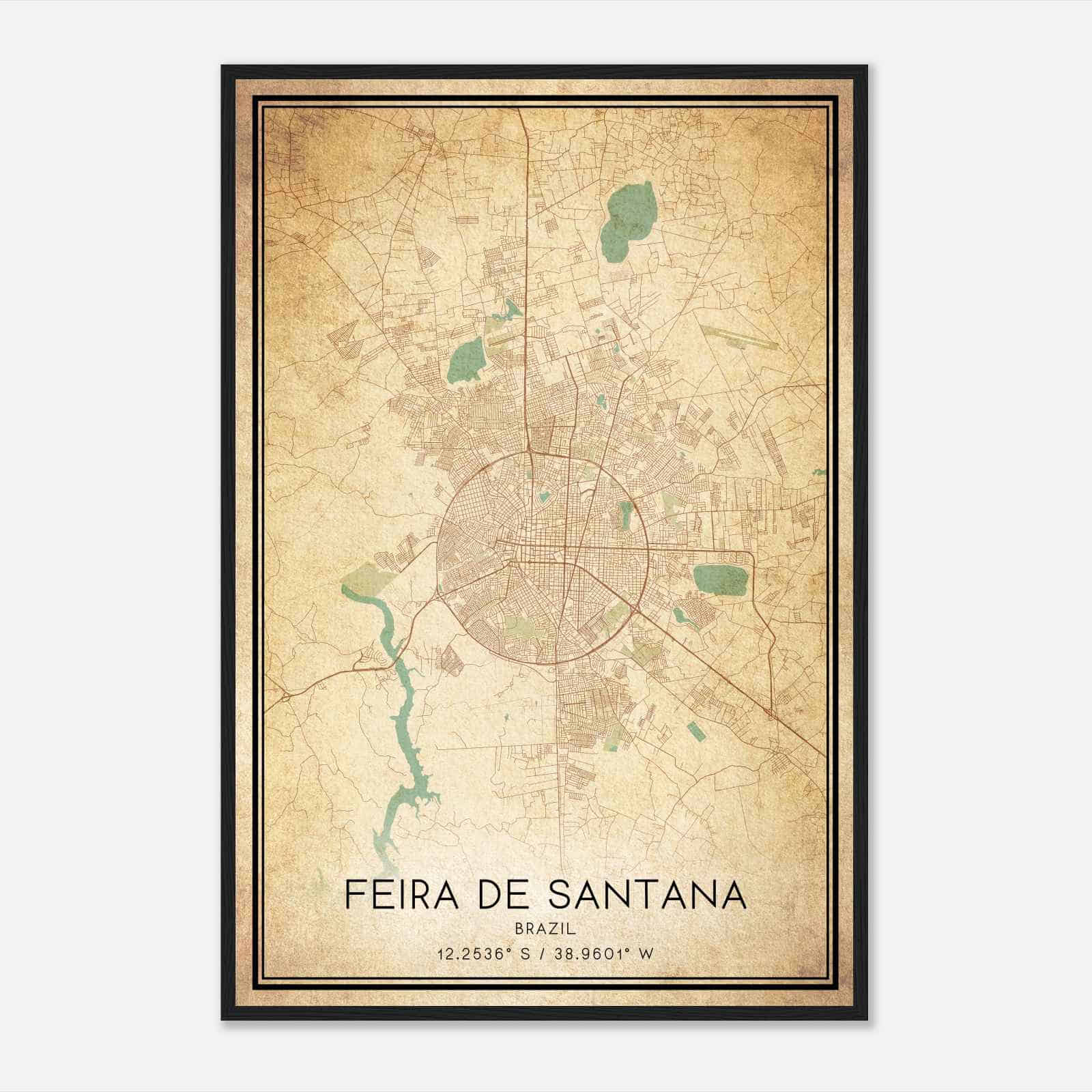 Vintage Feira de Santana Brazil Map Poster, Feira de Santana City Road Wall Art Print