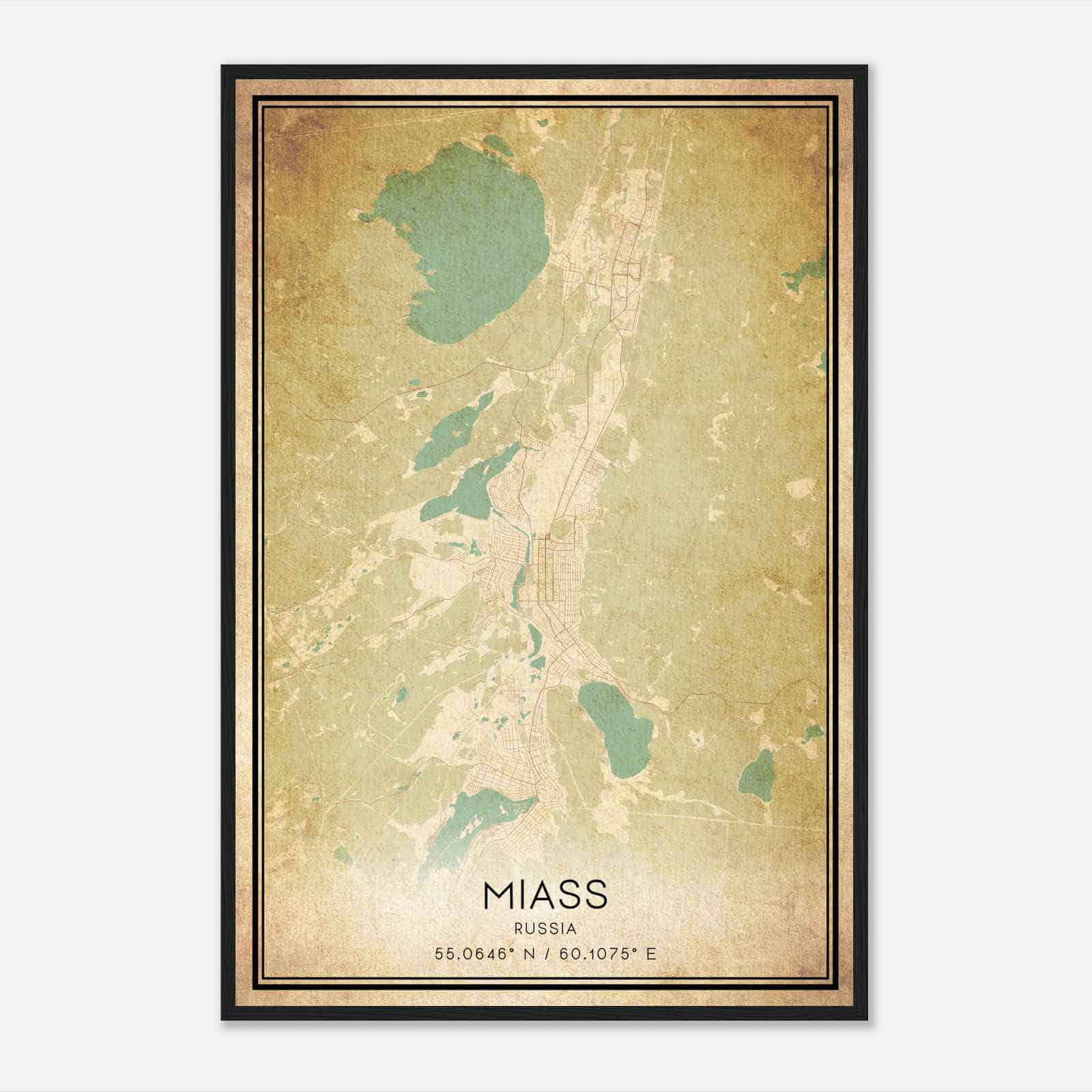 Vintage Miass Russia Map Poster, Miass City Road Wall Art Print