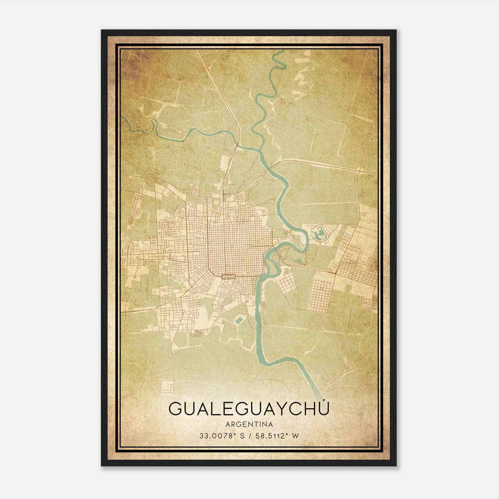 Vintage Gualeguaychu Argentina Map Poster, Gualeguaychu City Road Wall Art Print