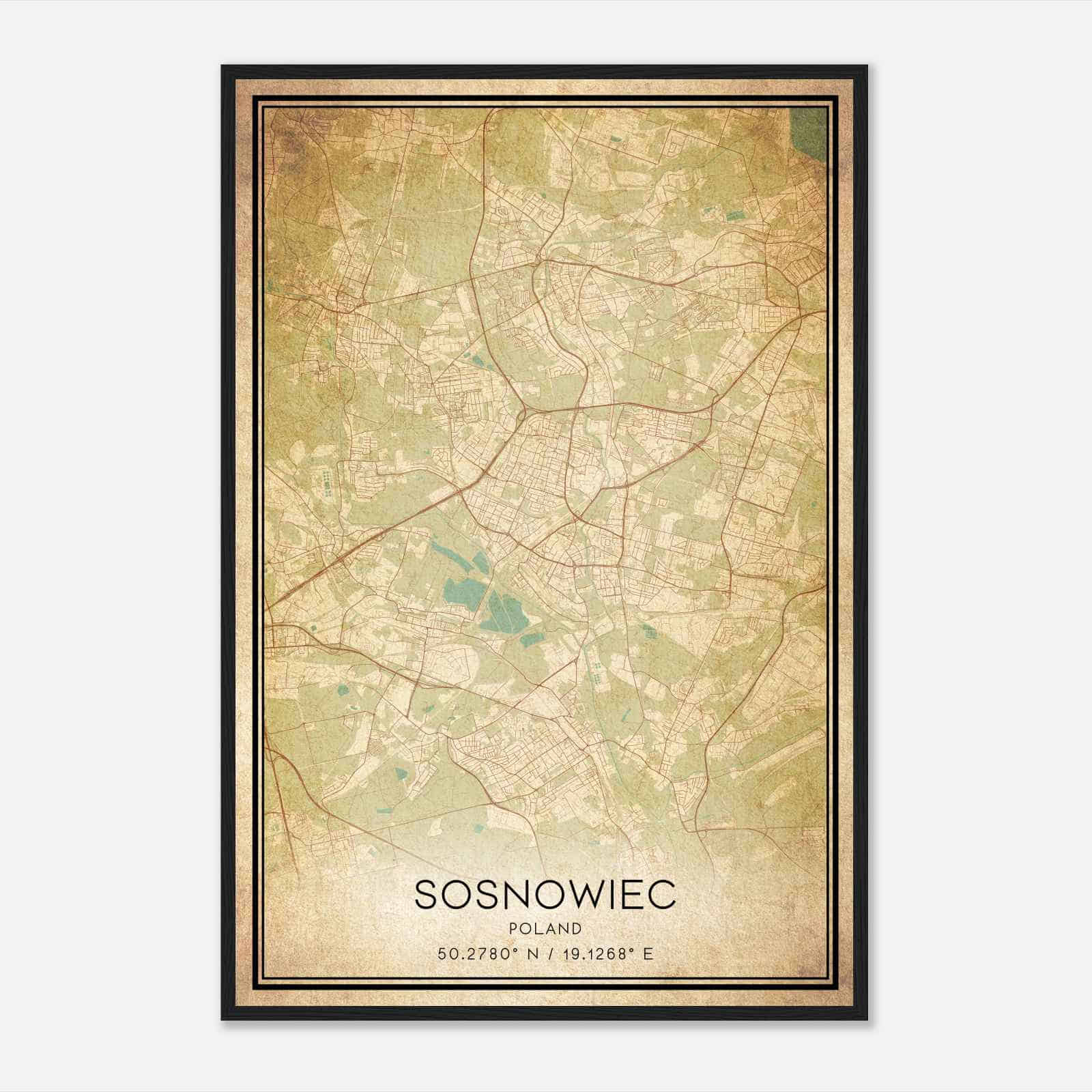 Vintage Sosnowiec Poland Map Poster, Sosnowiec City Road Wall Art Print