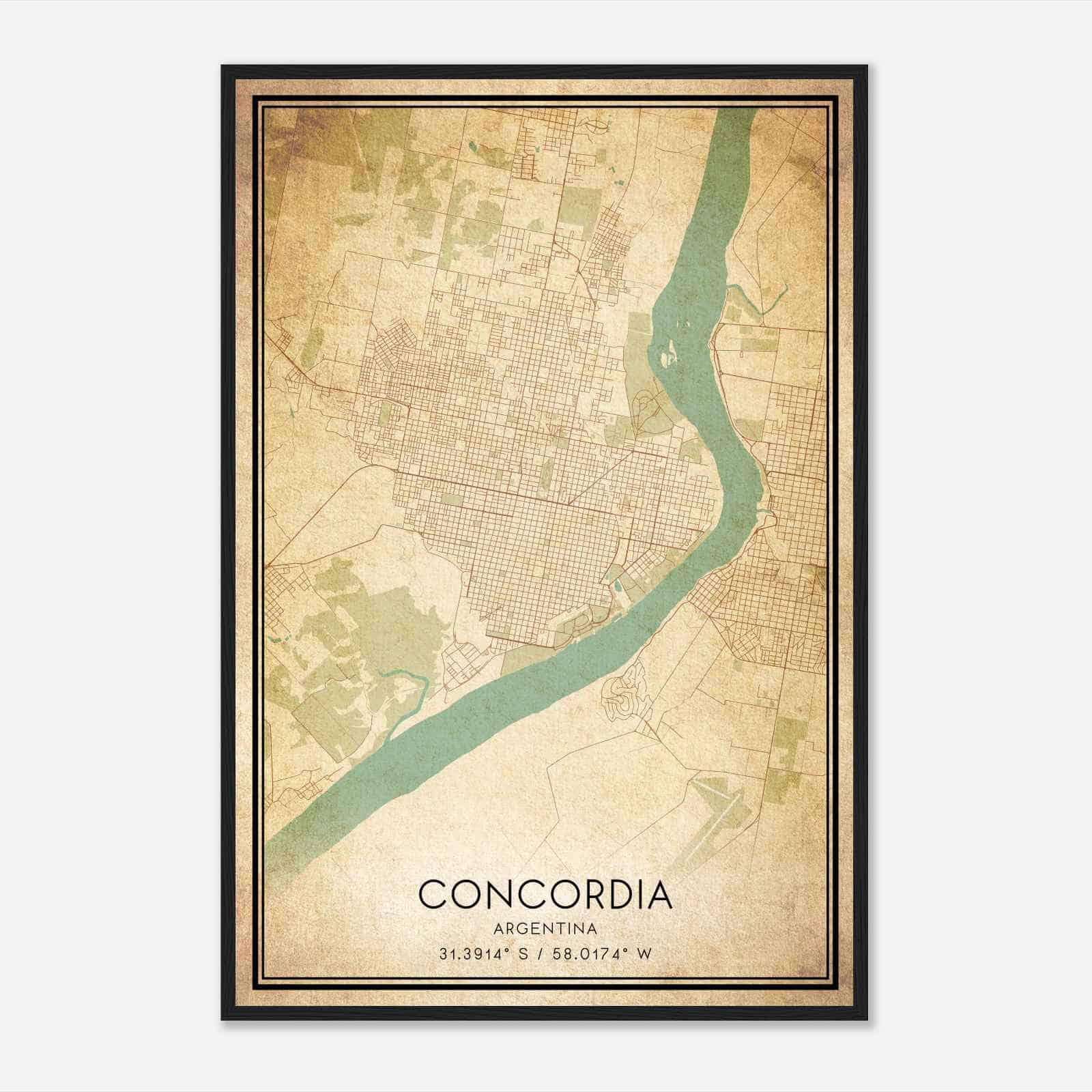 Vintage Concordia Argentina Map Poster, Concordia City Road Wall Art Print
