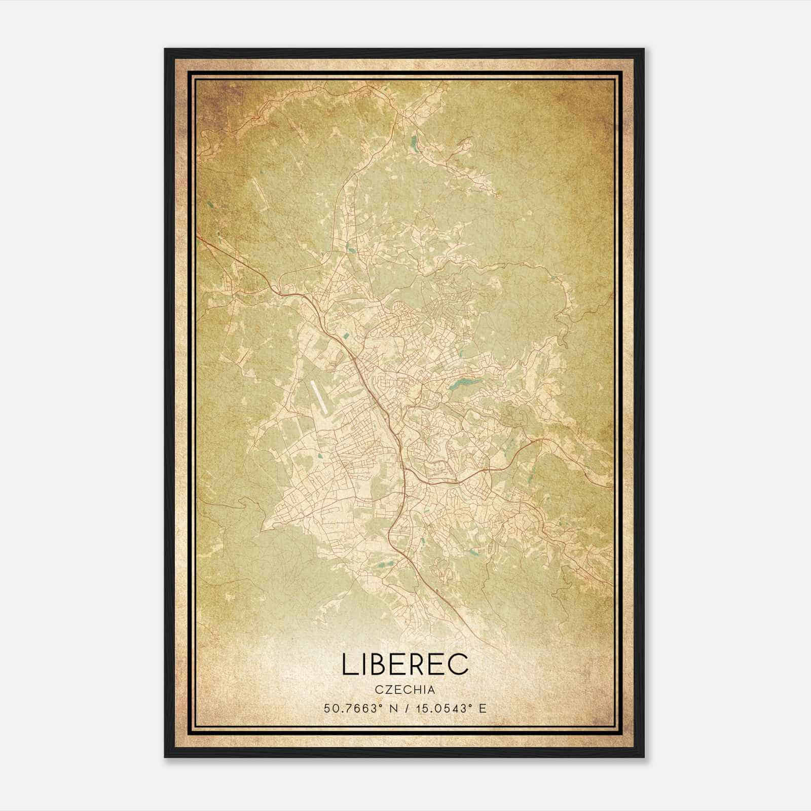 Vintage Liberec Czechia Map Poster, Liberec City Road Wall Art Print