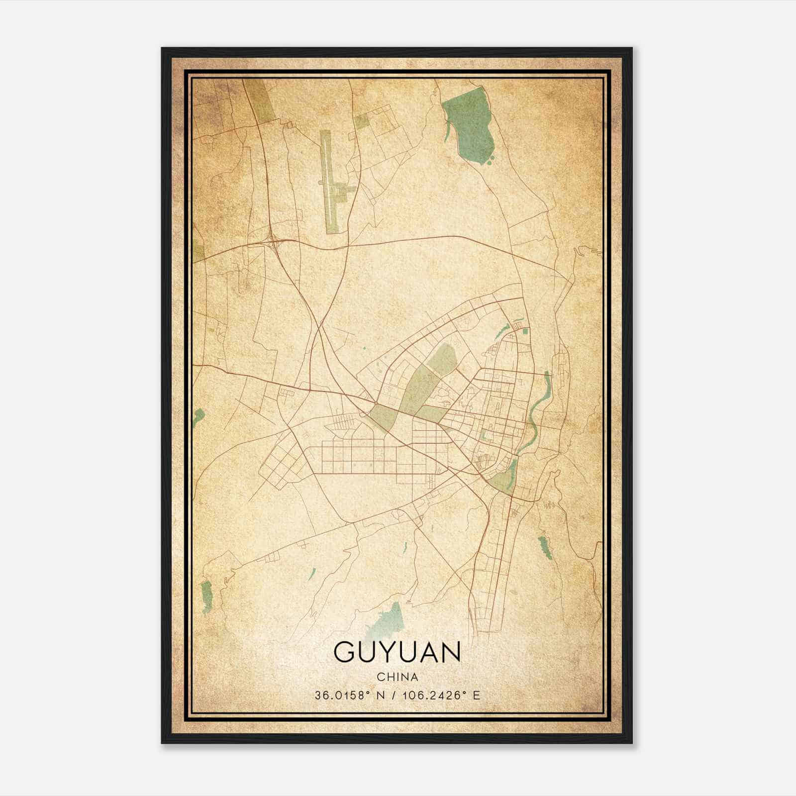 Vintage Guyuan China Map Poster, Guyuan City Road Wall Art Print