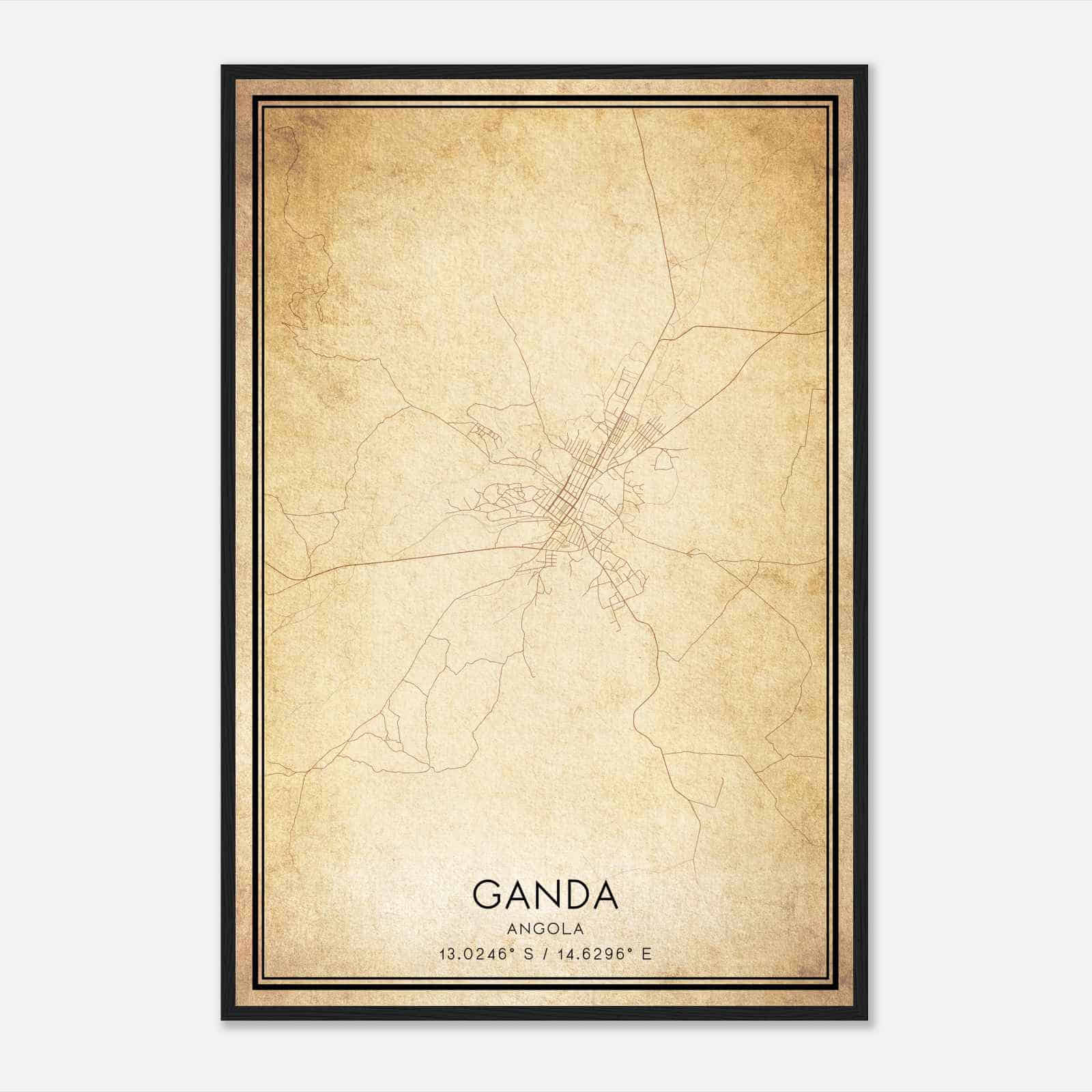 Vintage Ganda Angola Map Poster, Ganda City Road Wall Art Print