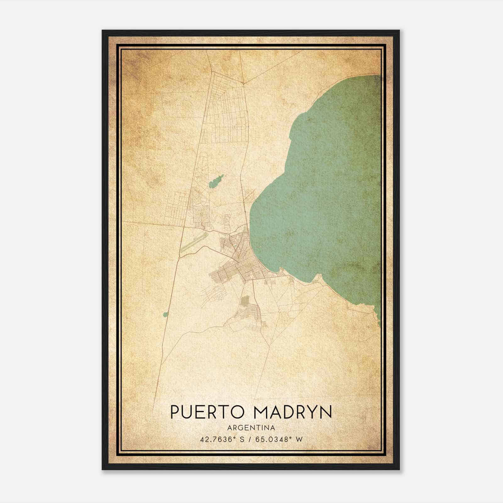 Vintage Puerto Madryn Argentina Map Poster, Puerto Madryn City Road Wall Art Print