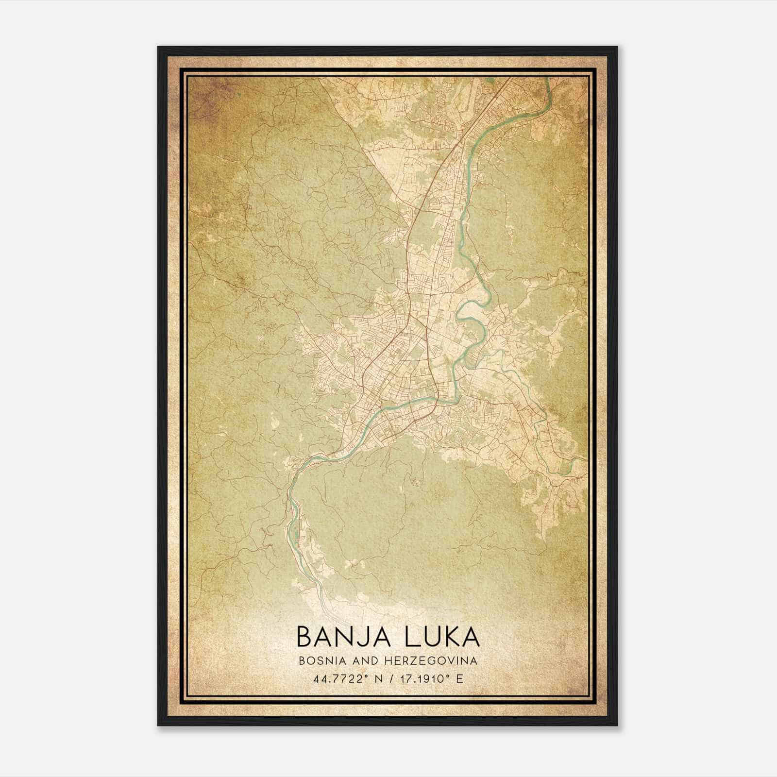 Vintage Banja Luka Bosnia And Herzegovina Map Poster, Banja Luka City Road Wall Art Print