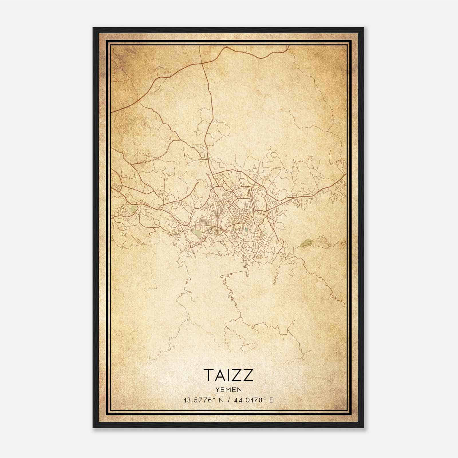 Vintage Taizz Yemen Map Poster, Taizz City Road Wall Art Print