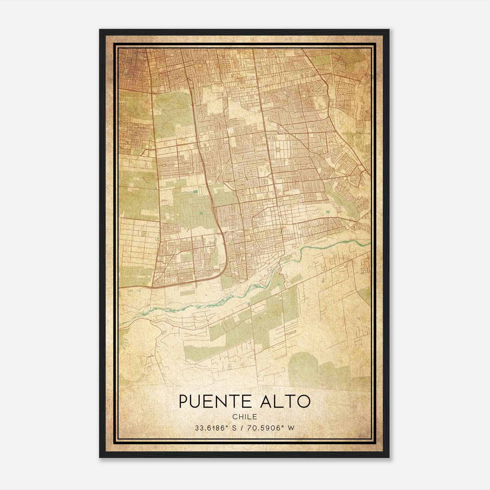 Vintage Puente Alto Chile Map Poster, Puente Alto City Road Wall Art Print