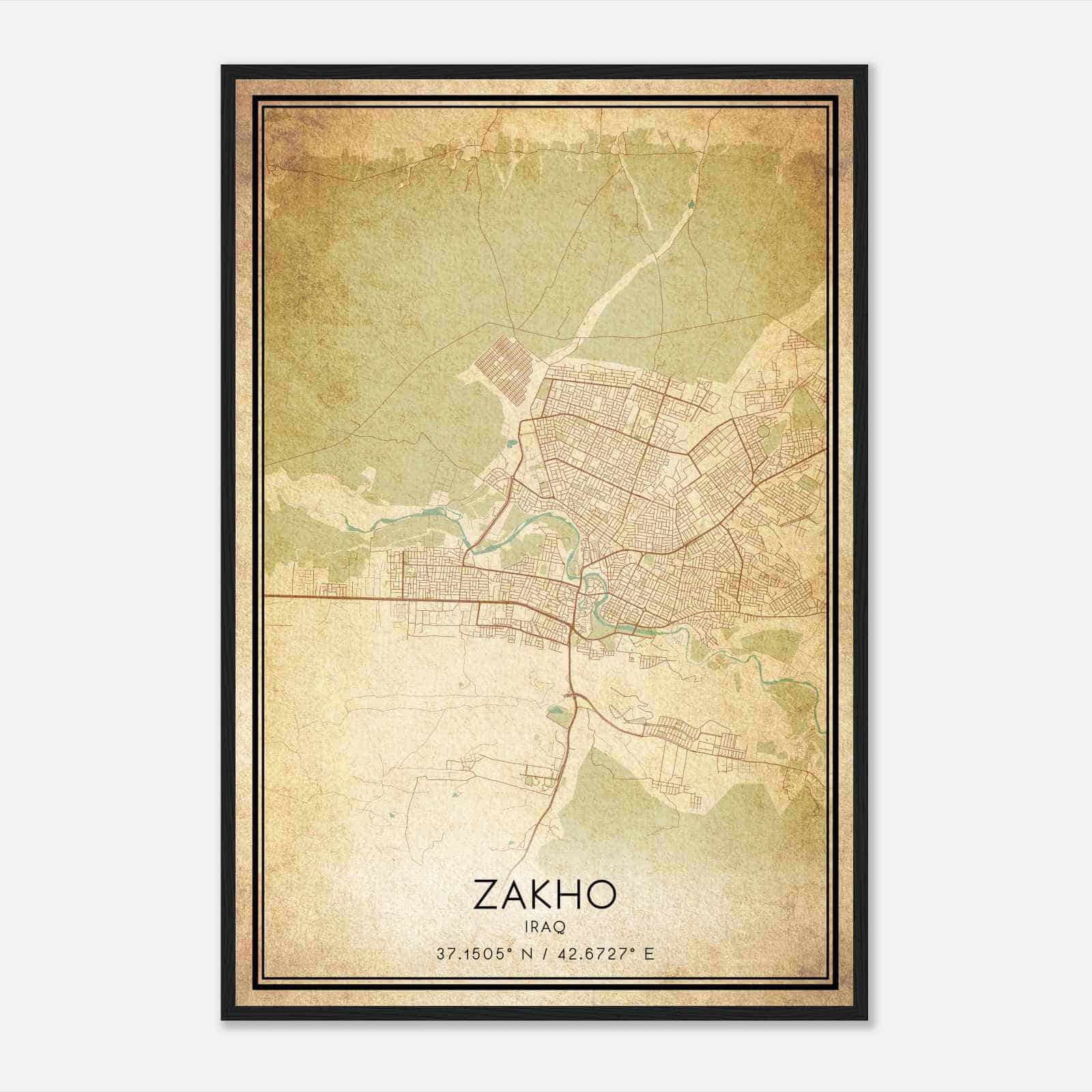 Vintage Zakho Iraq Map Poster, Zakho City Road Wall Art Print