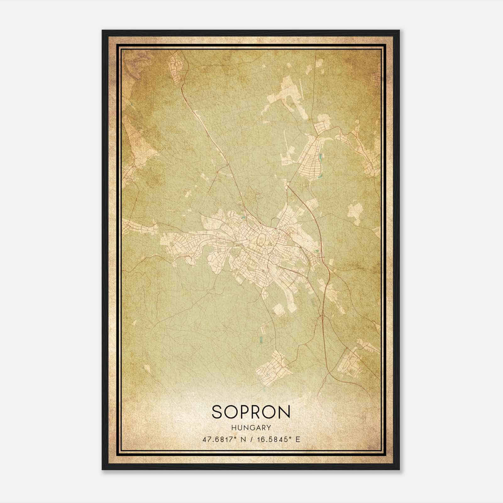 Vintage Sopron Hungary Map Poster, Sopron City Road Wall Art Print