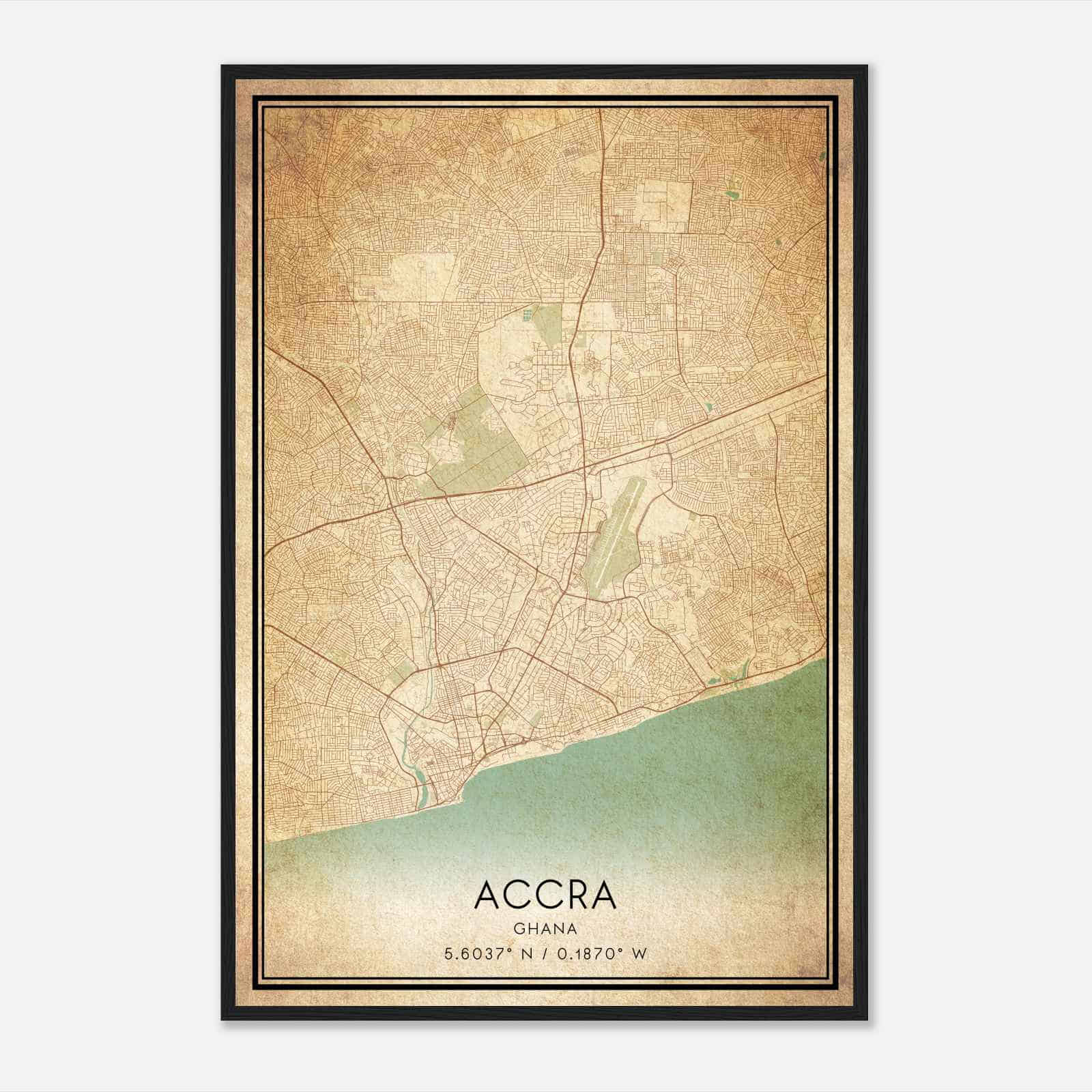 Vintage Accra Ghana Map Poster, Accra City Road Wall Art Print