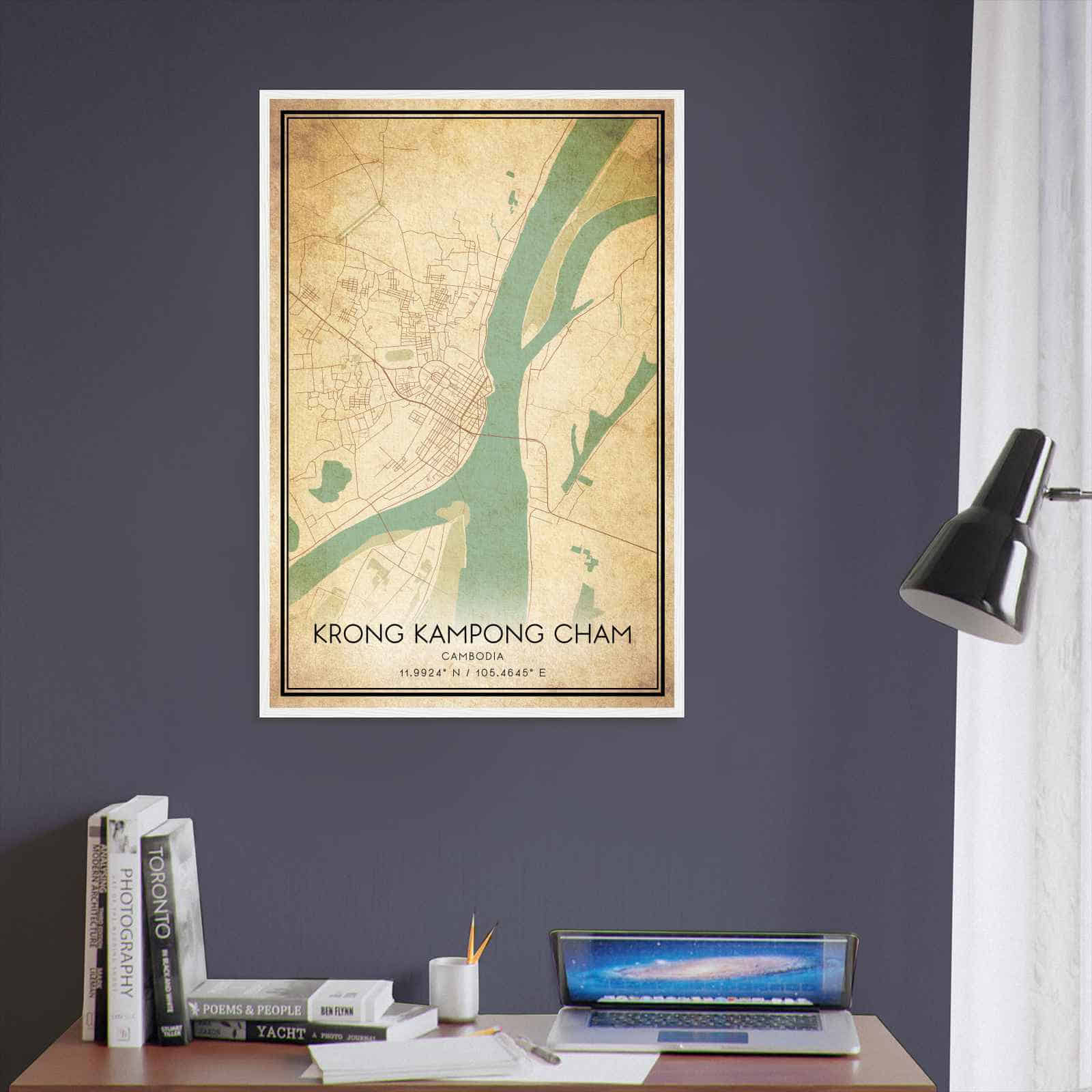 Vintage Krong Kampong Cham Cambodia Map Poster, Krong Kampong Cham City Road Wall Art Print