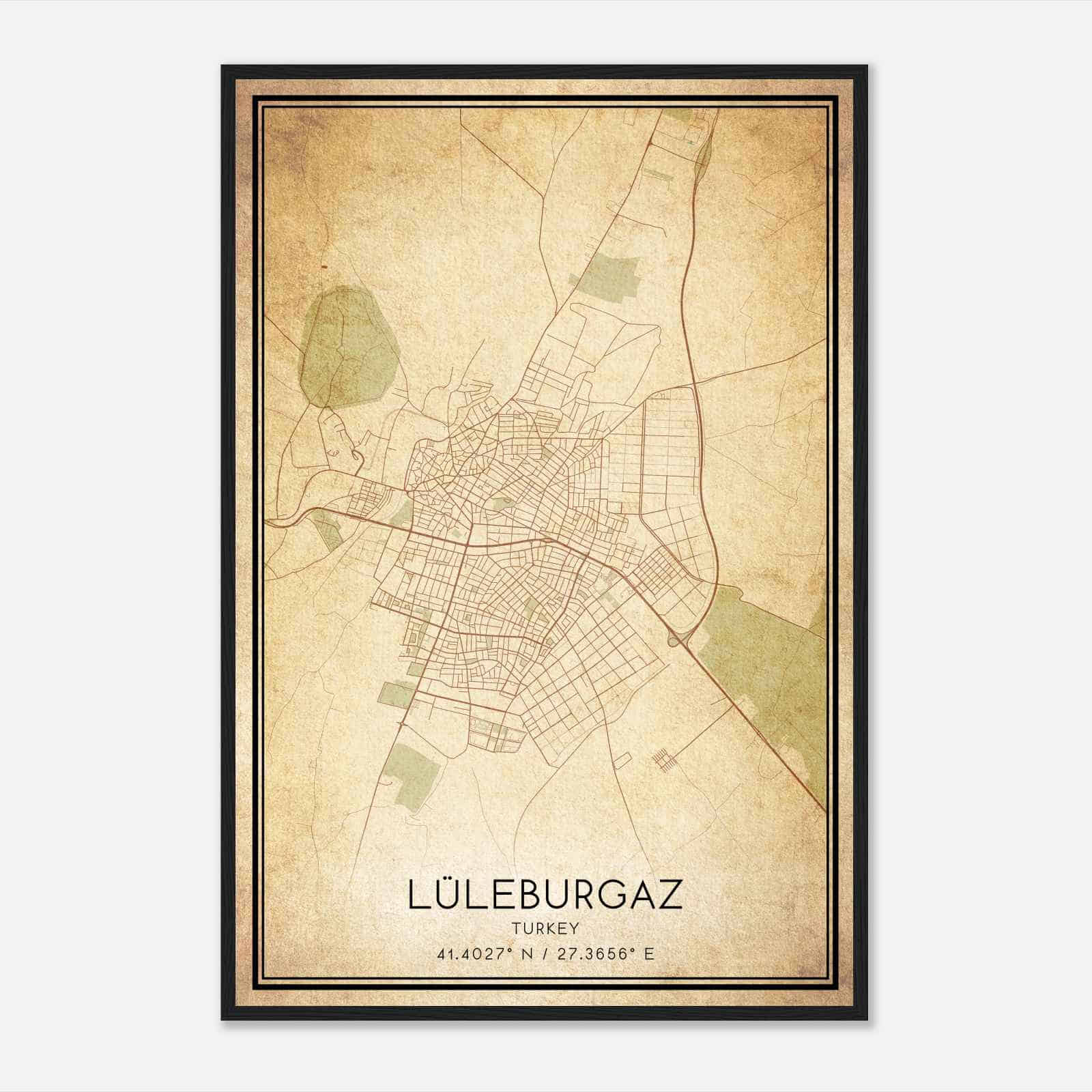 Vintage Luleburgaz Turkey Map Poster, Luleburgaz City Road Wall Art Print
