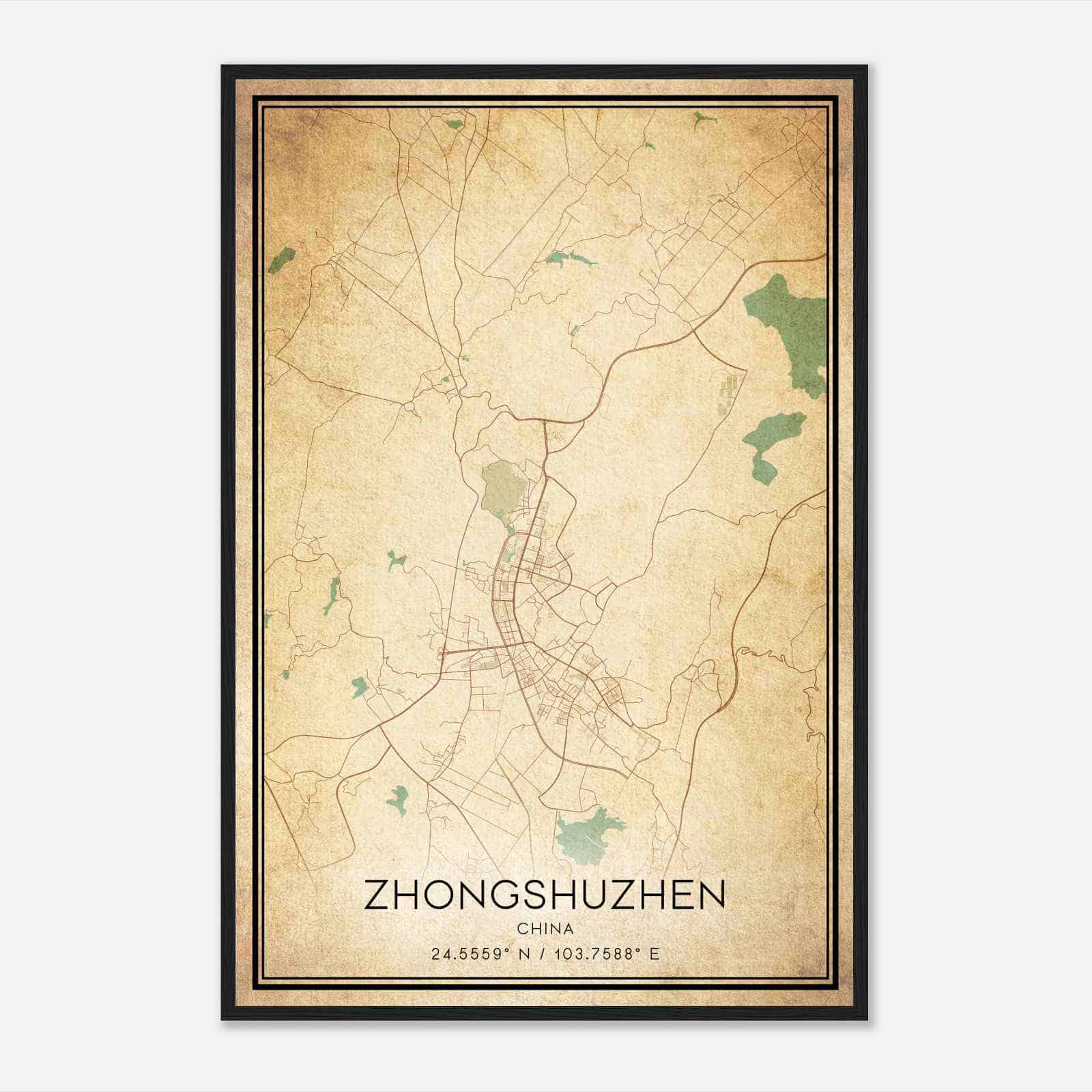 Vintage Zhongshuzhen China Map Poster, Zhongshuzhen City Road Wall Art Print