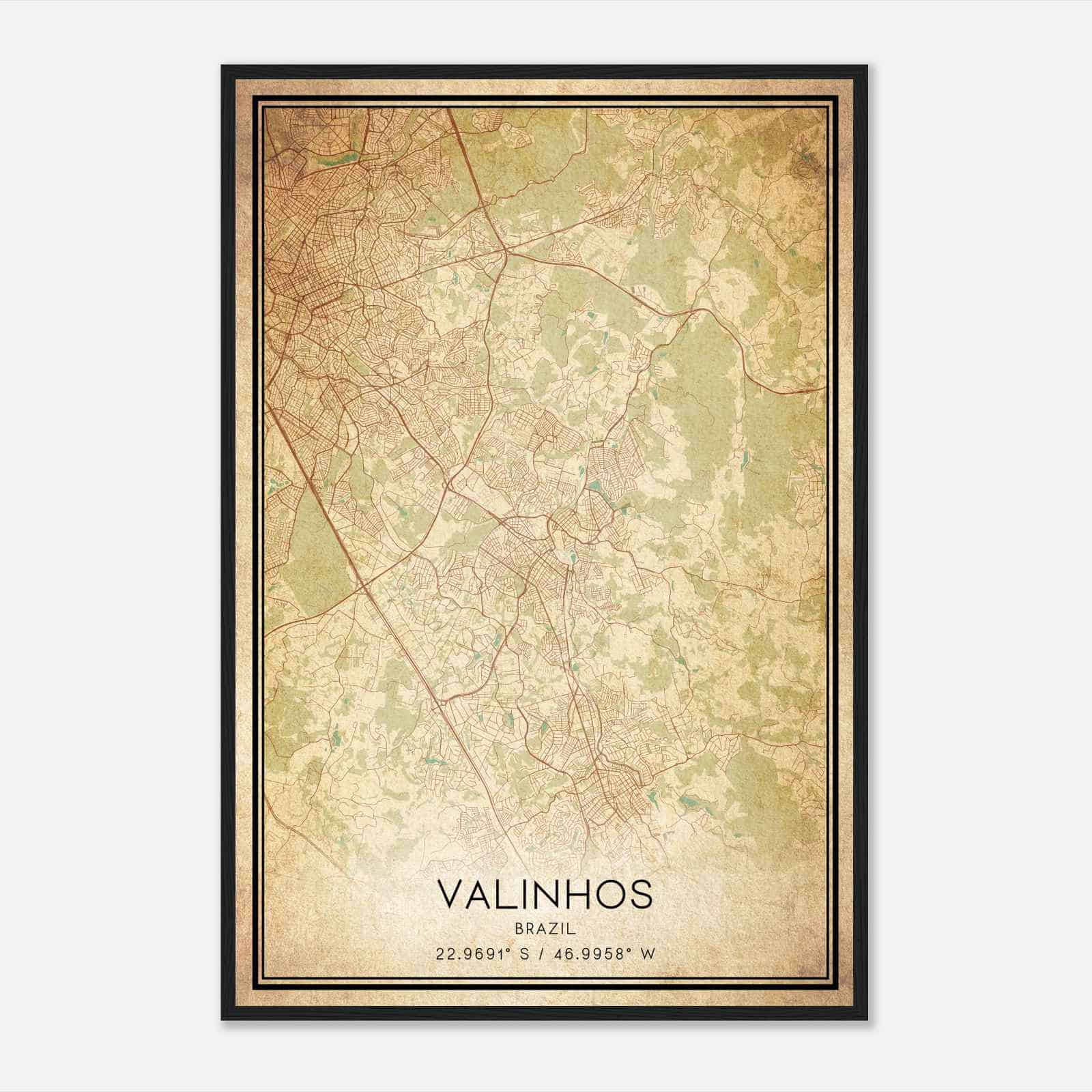 Vintage Valinhos Brazil Map Poster, Valinhos City Road Wall Art Print