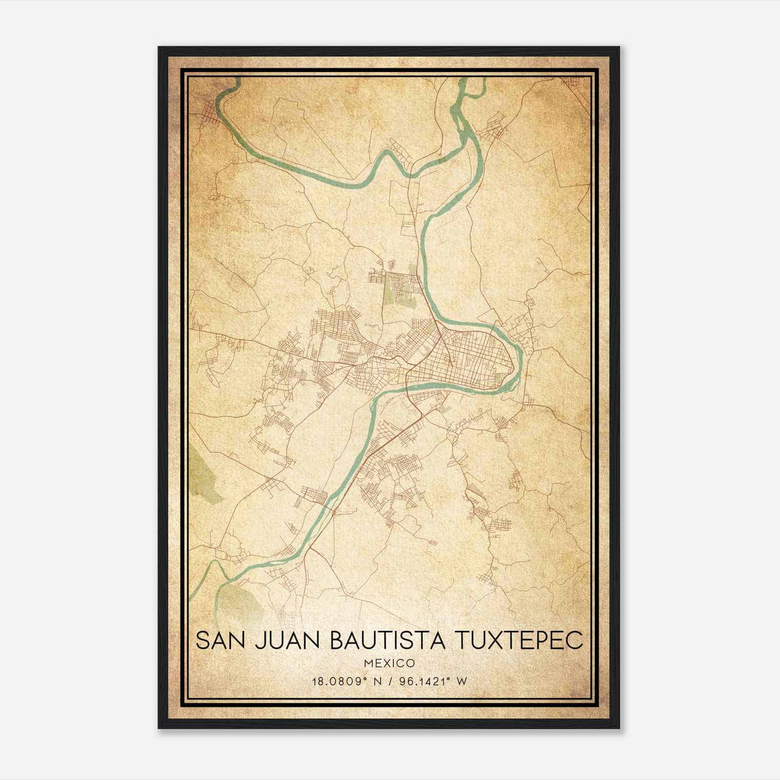 Vintage San Juan Bautista Tuxtepec Mexico Map Poster, San Juan Bautista Tuxtepec City Road Wall Art Print