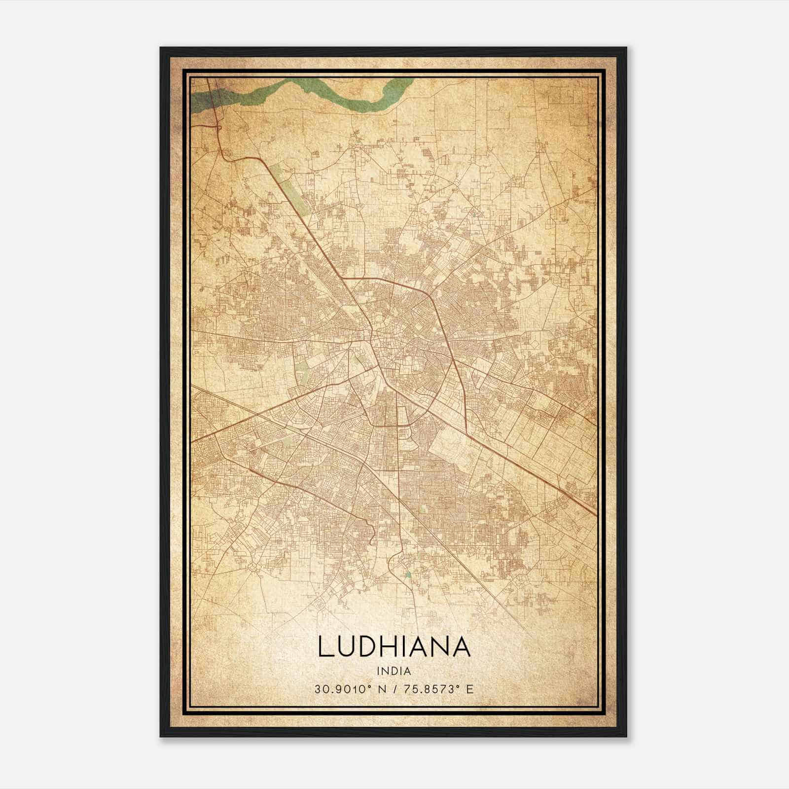 Vintage Ludhiana India Map Poster, Ludhiana City Road Wall Art Print